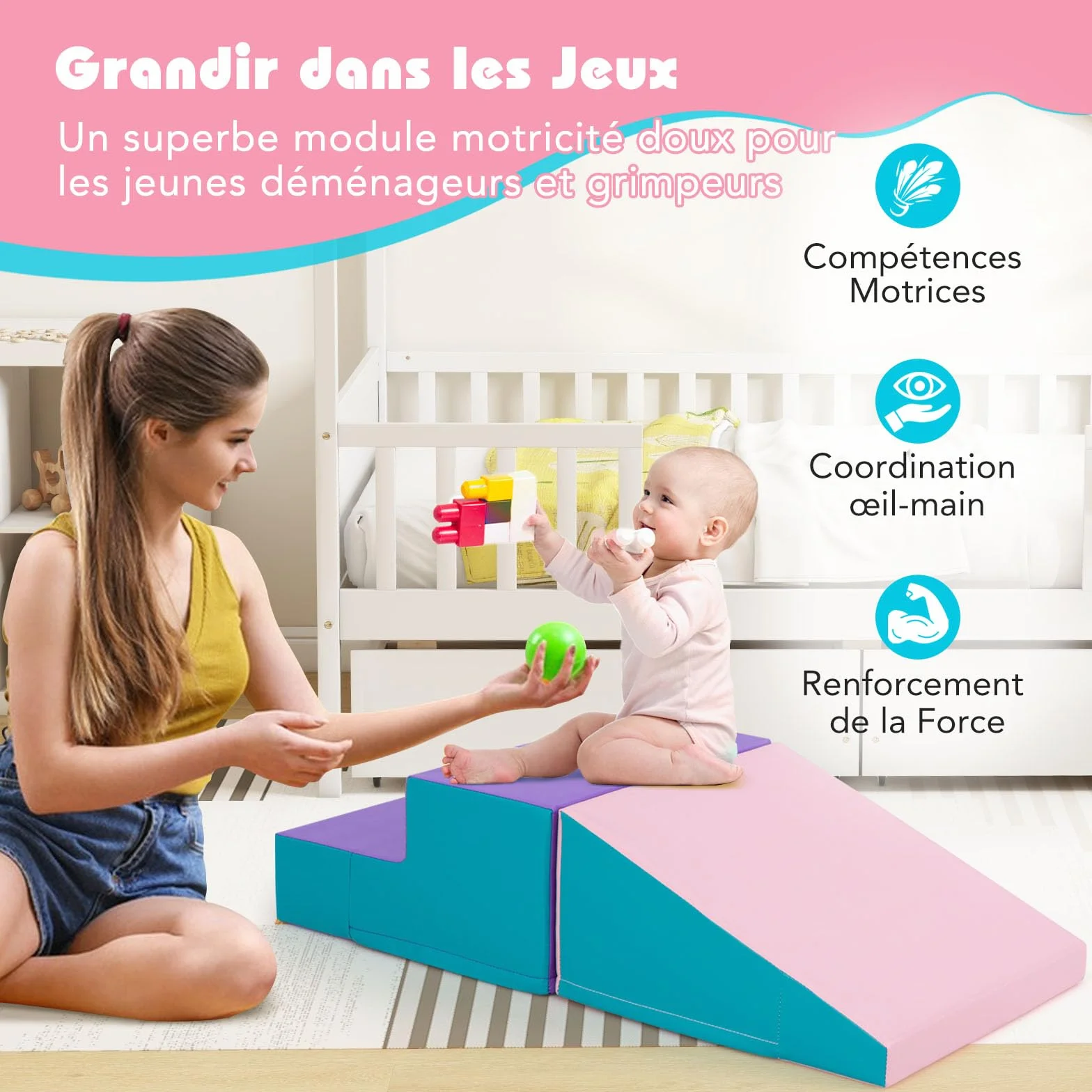 COSTWAY Parcours Motricité Bébé en Mousse avec Housse Amovible en PU, Module avec Marche & Toboggan, Jouets Éducatifs pour Ramper Grimper Enfant