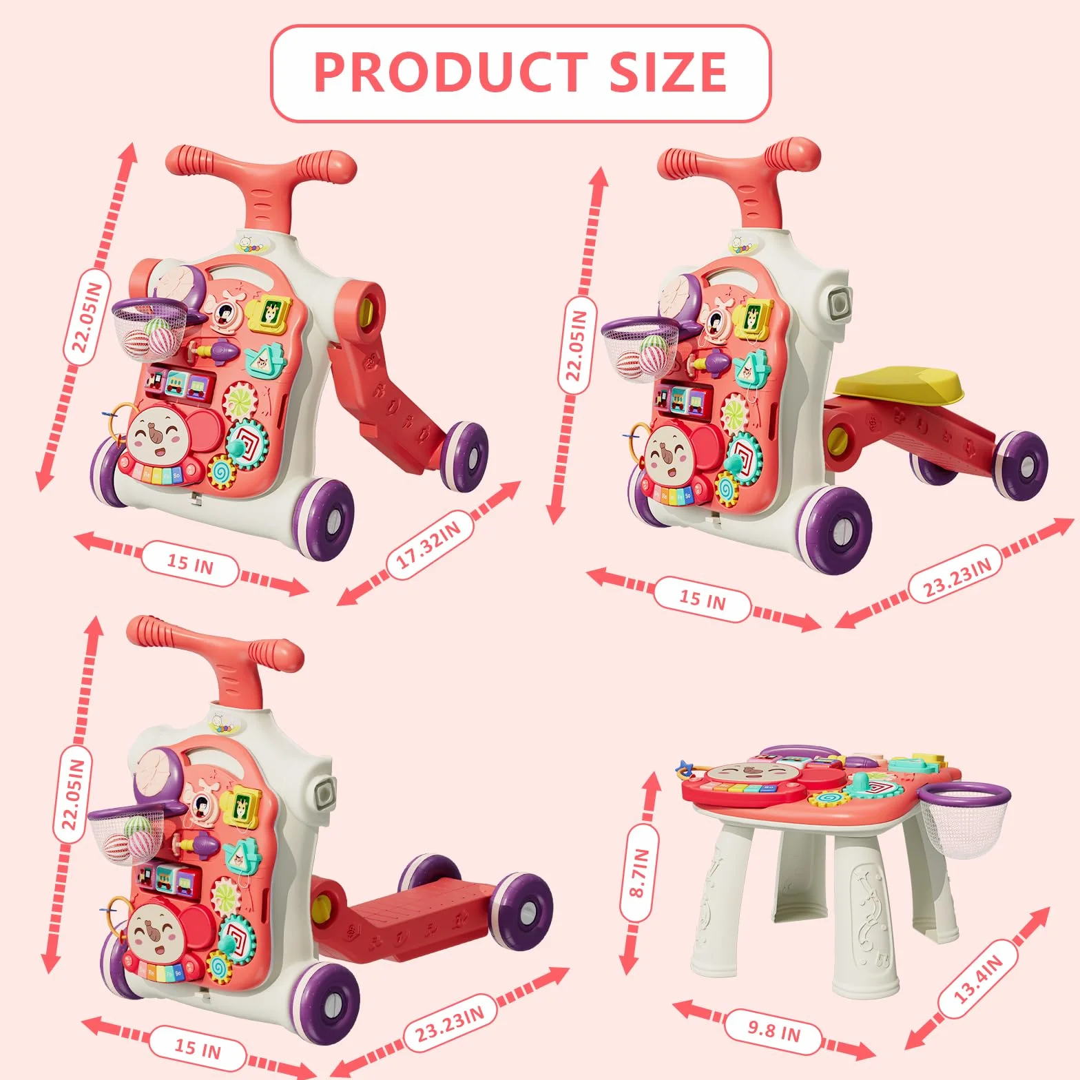 Trotteur Bébé Fille 5 en 1, Chariot de Marche Centre d'Activité, Jouet Push pour Tout-petit 12 Mois