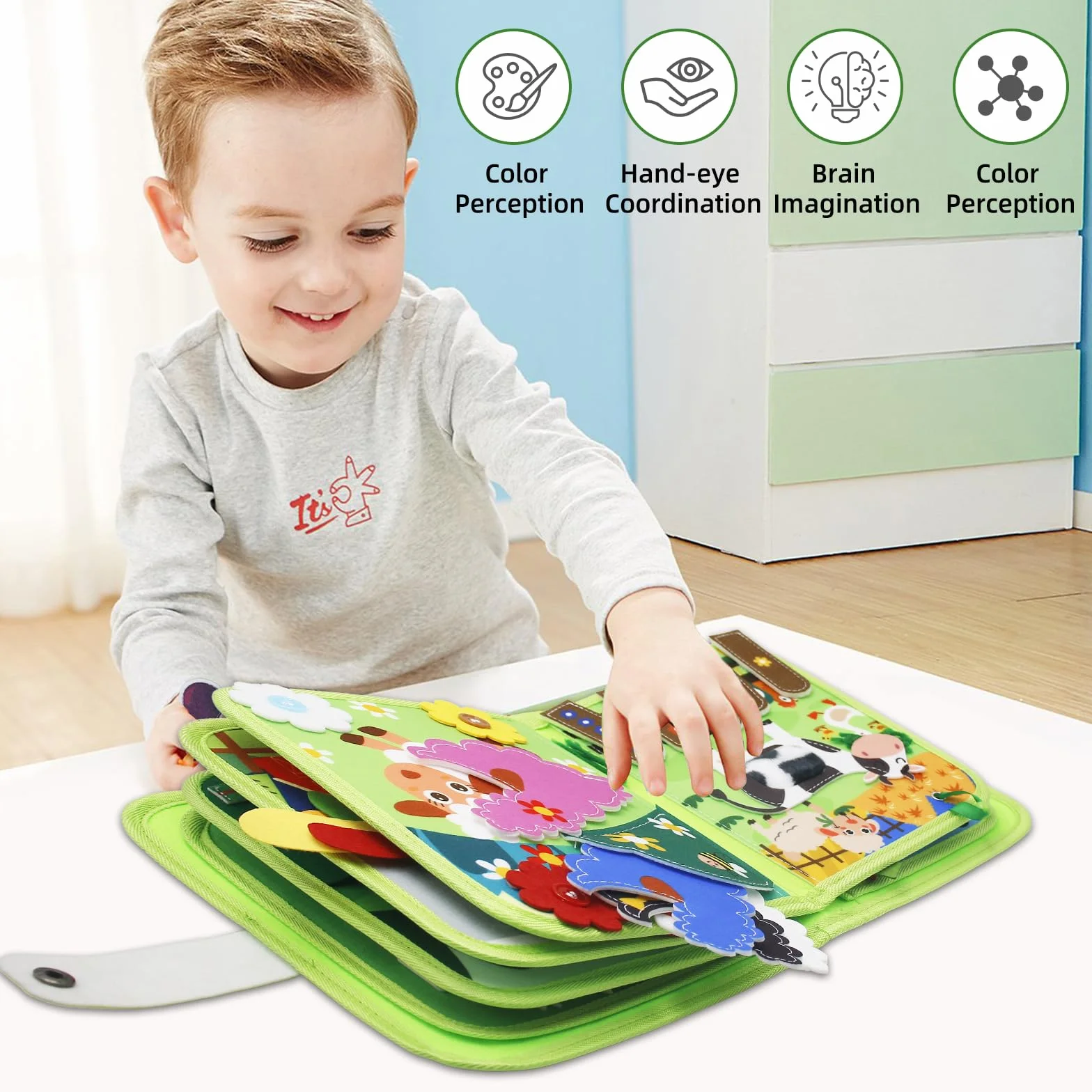 Busy Board 1 an Livre d'activités en feutre DIY Jouet éducatif préscolaire vert