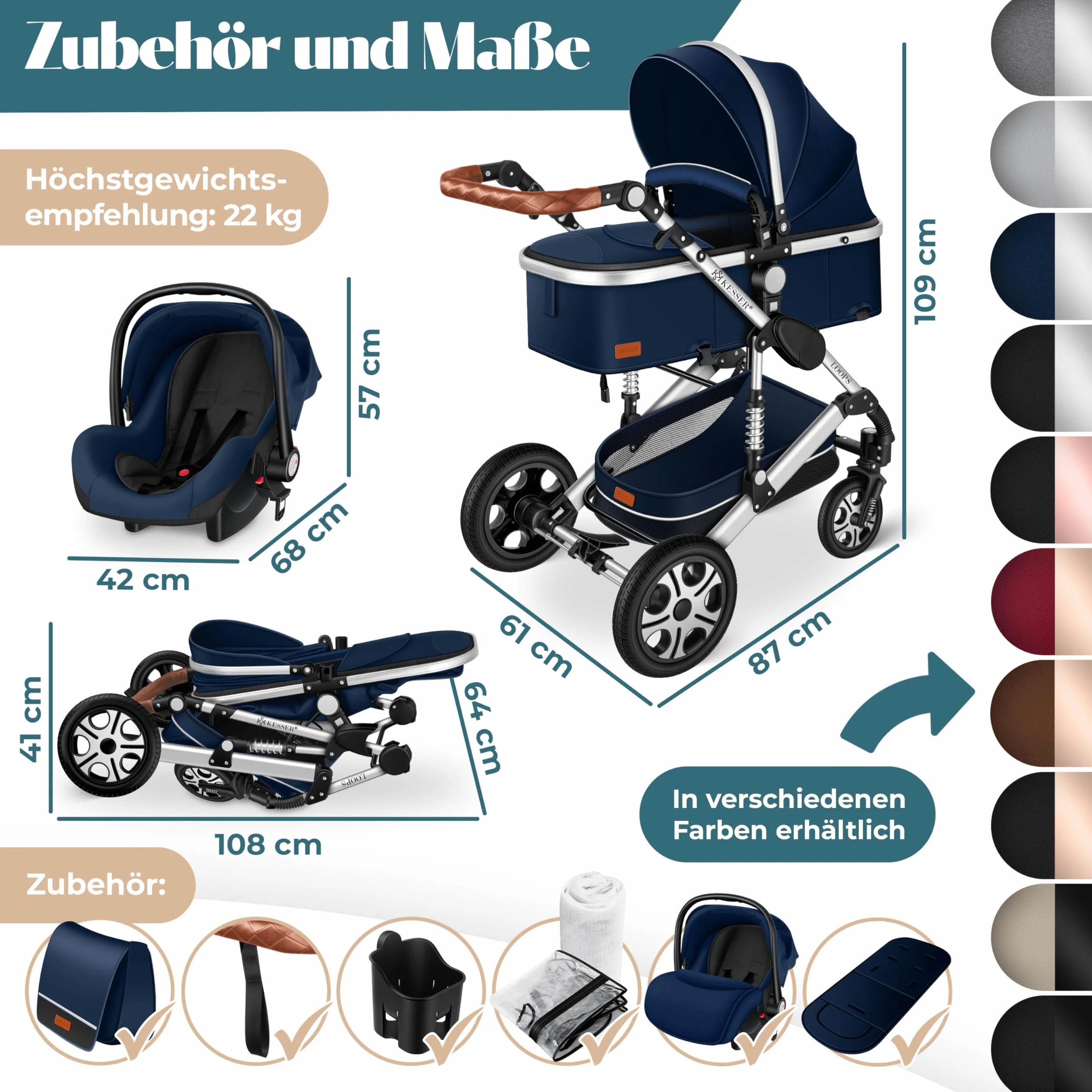 KESSER Ensemble poussette combinée 4 en 1 nacelle siège pneus caoutchouc plein ECE R129 Bleu Argent