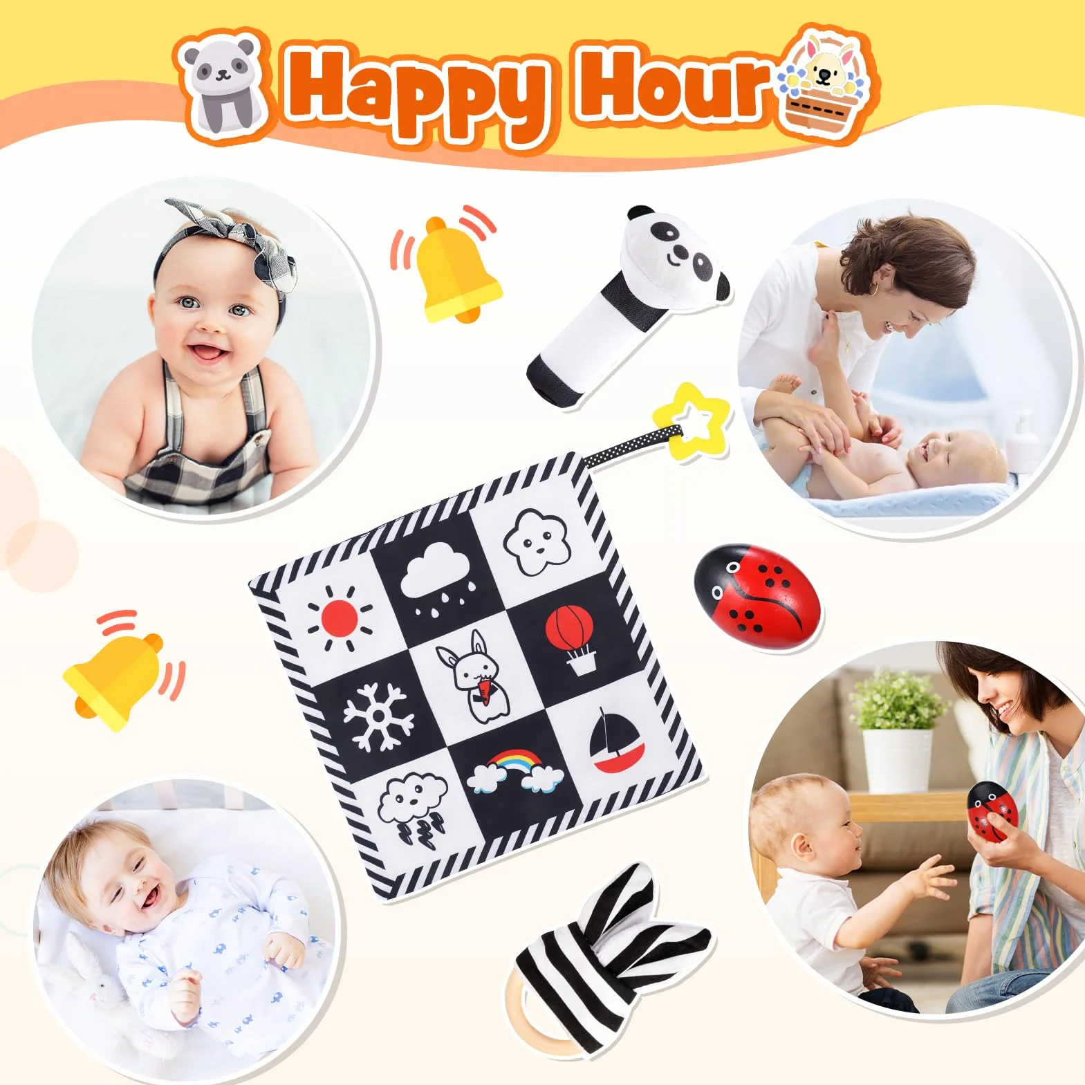 HappyKidsClub Livre Carte Montessori Sensoriel Tissu Noir Blanc Bebe 0-12 Mois Jouets d'éveil