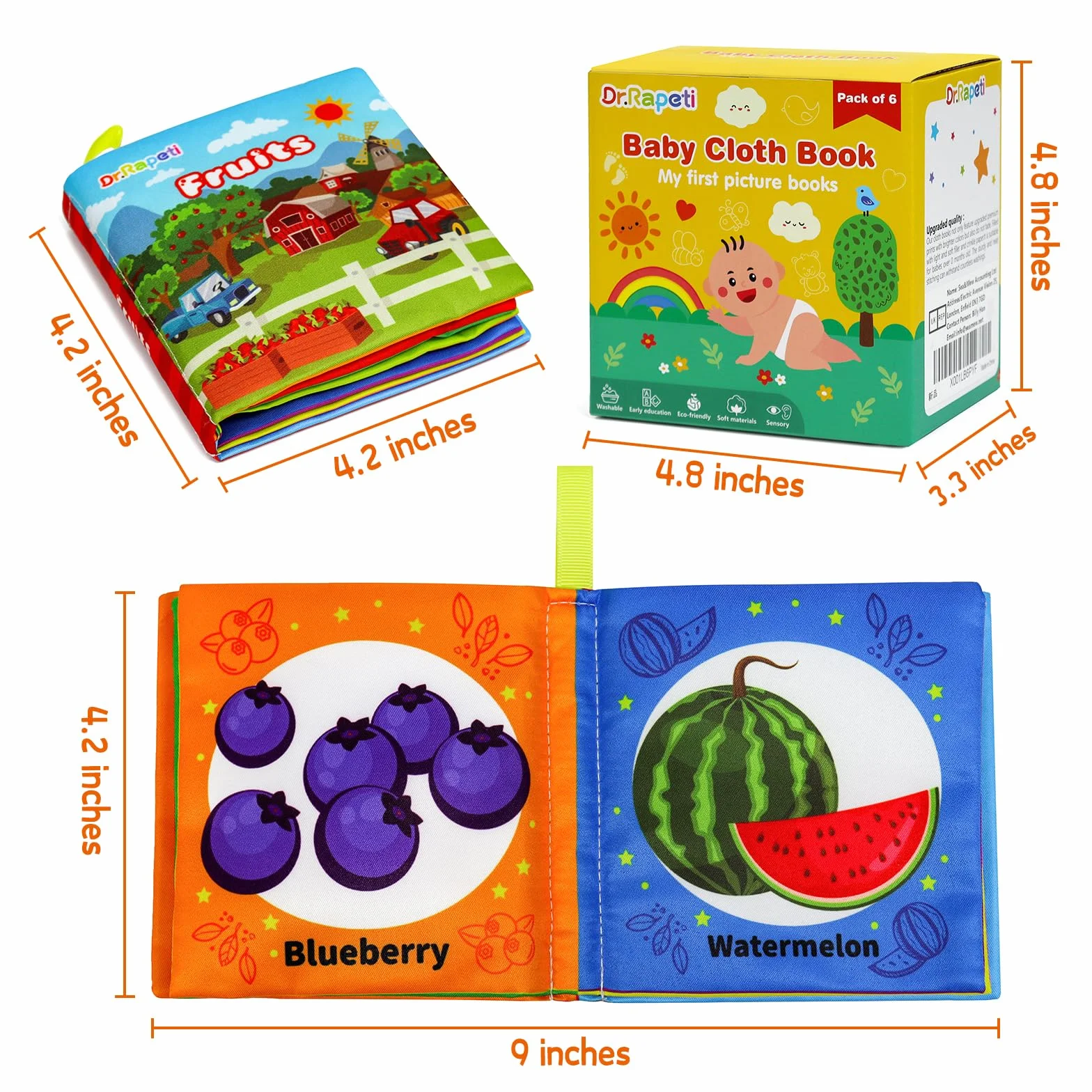 Dr.Rapeti Lot de 6 Livre Bebe en Tissu Doux, Livres D'éveil Sensoriel Sonore pour Enfants (Anglais)