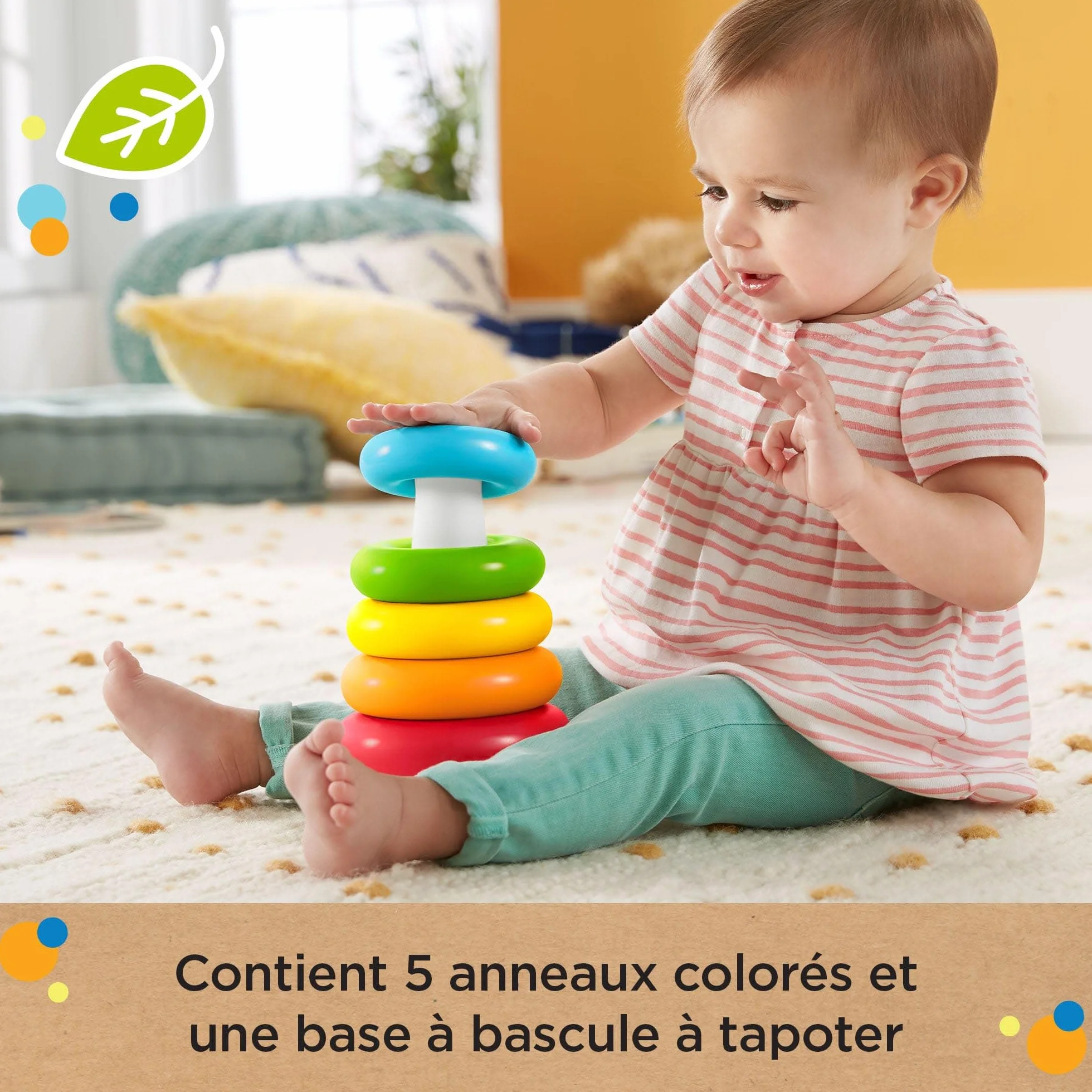 Fisher-Price Pyramide Arc-en-Ciel Culbuto à Empiler 5 Anneaux Colorés Base Mouvante Jouet Bébé 6 Mois HPY92