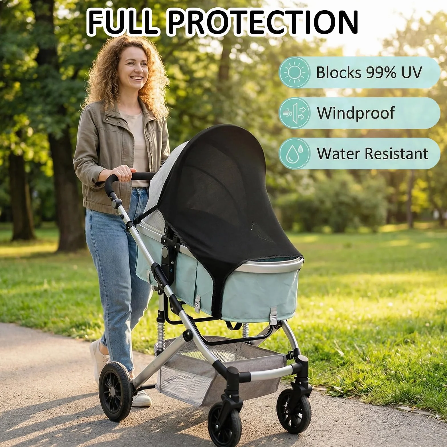 Pare-soleil Universel Poussette Anti-UV UPF +50 Housse élastique Auvent Canopy Noir