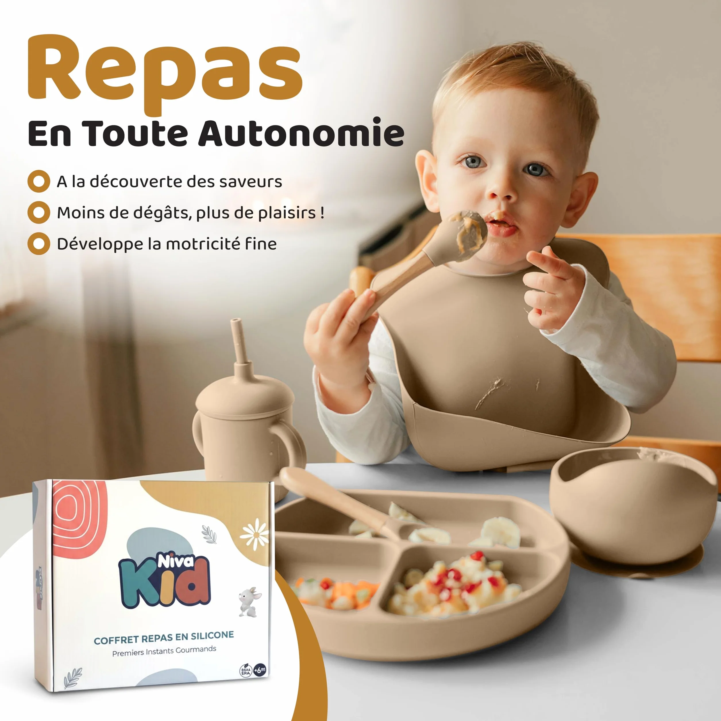 Coffret Repas Bébé Silicone Set Vaisselle 1er Âge Assiette Ventouse Cuillère Bavoir Tasse Sans BPA DME Bébé Beige