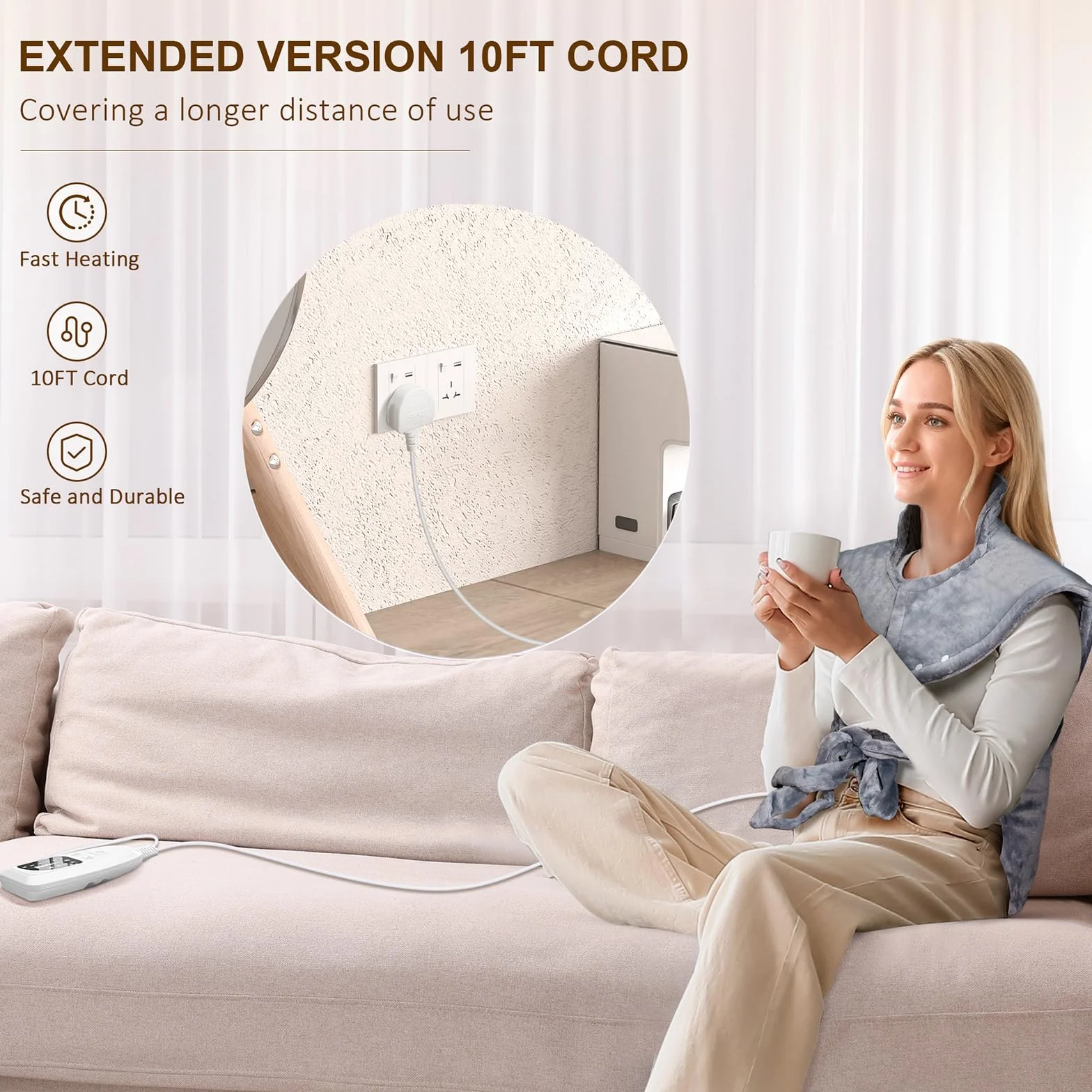NALONE Coussin Chauffant dos Electrique 63×100cm 6 Niveaux de Chaleur Minuterie Automatique 4h Flanelle Lavable