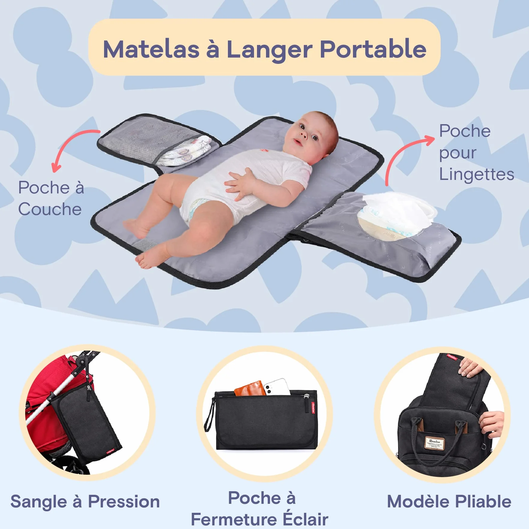 RUVALINO Sac à Dos à Langer avec Matelas à Langer Portable, Porte-Sucette et Sangles de Poussette