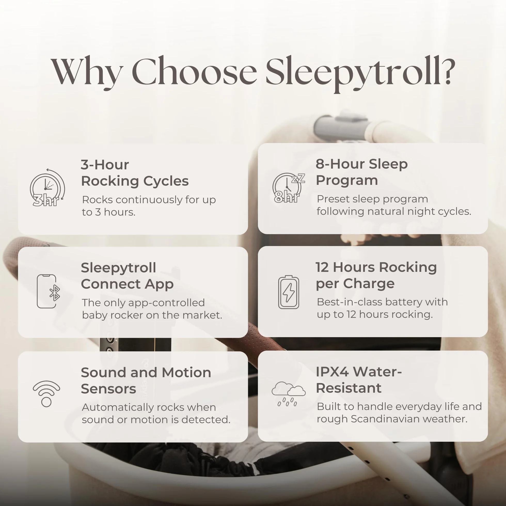 Sleepytroll Baby Rocker Gen2 Bascule rechargeable avec capteurs de mouvement et de son, contrôle par application, autonomie 12 h, certifié CE FCC