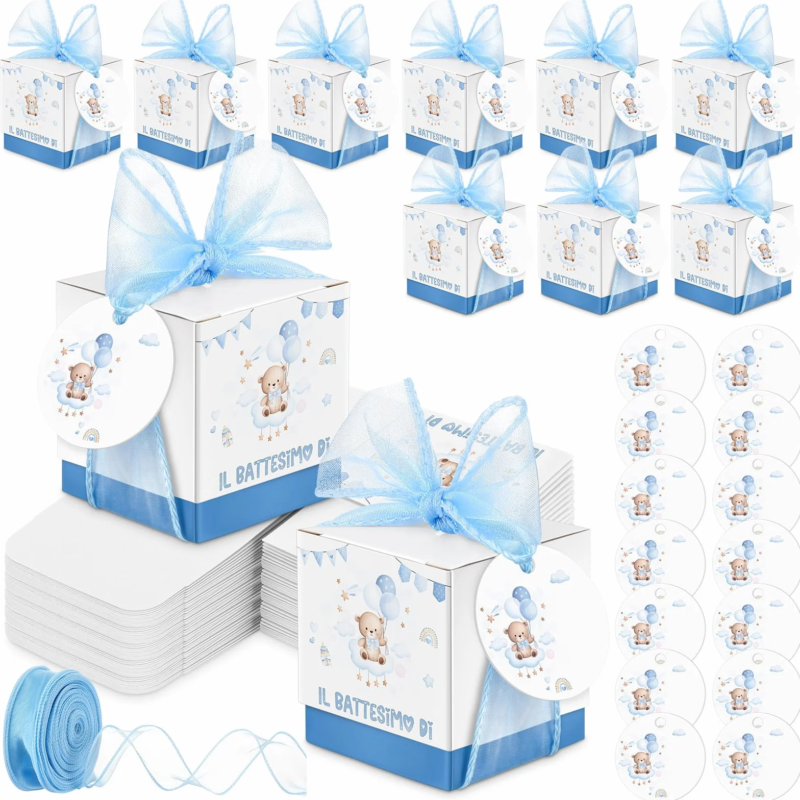 Jadive Boîtes à Dragées Baptême Personnalisables Étiquettes Ruban Cadeau Ours Arc-En-Ciel Bleu clair