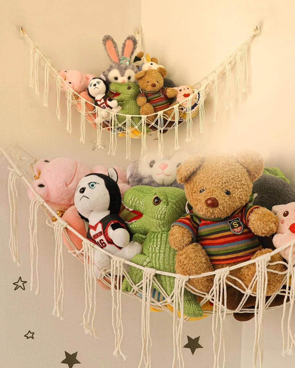 Hamac pour animaux en peluche Rangement de jouets Filet avec 3 crochets Décoration murale chambre d'enfant