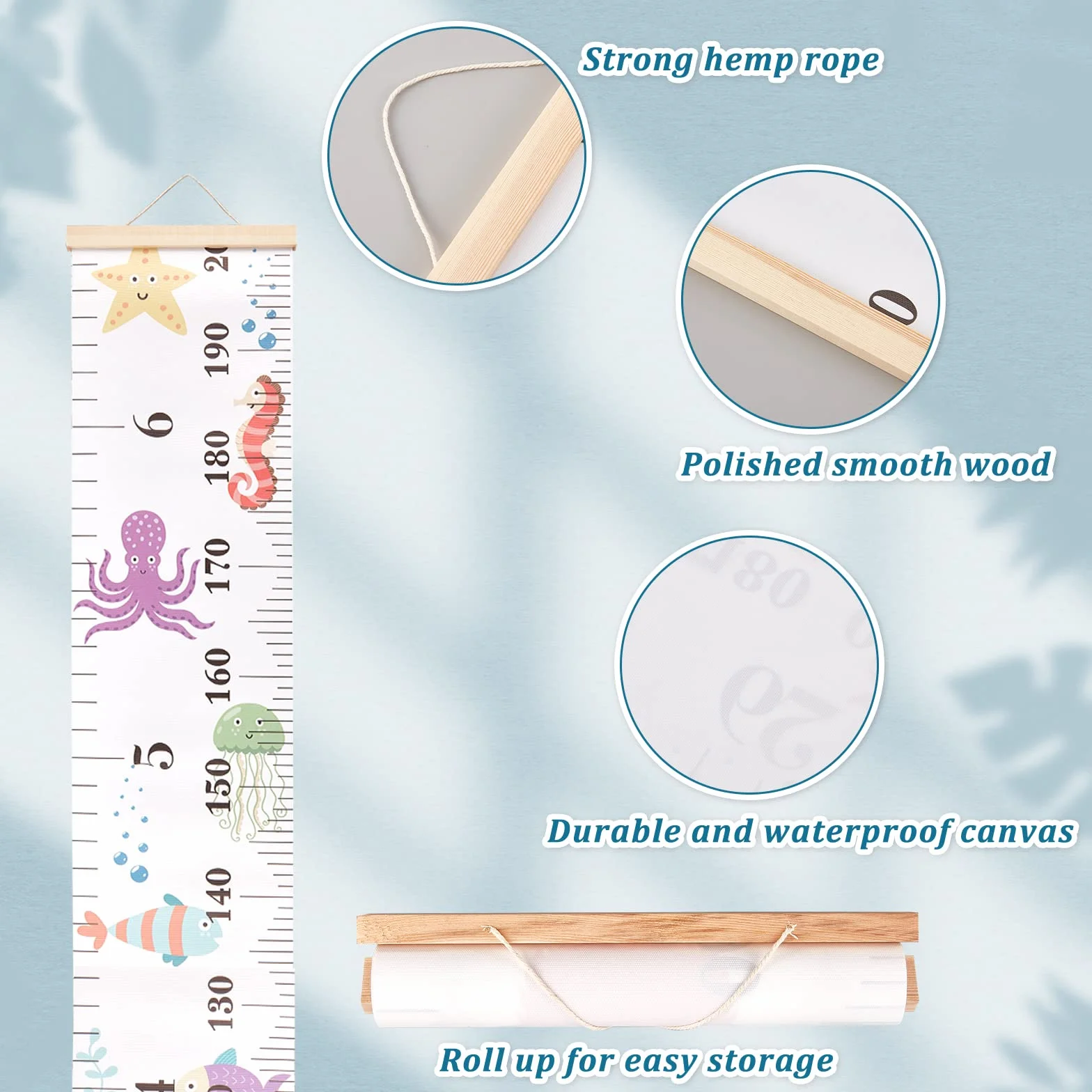 CREATCABIN Tableau Croissance Animaux Mer Tissu Toile Hauteur Mesure Règle Cadre Bois Suspendu Amovible Dessin Animé Règle Murale Décoration Chambre Enfant