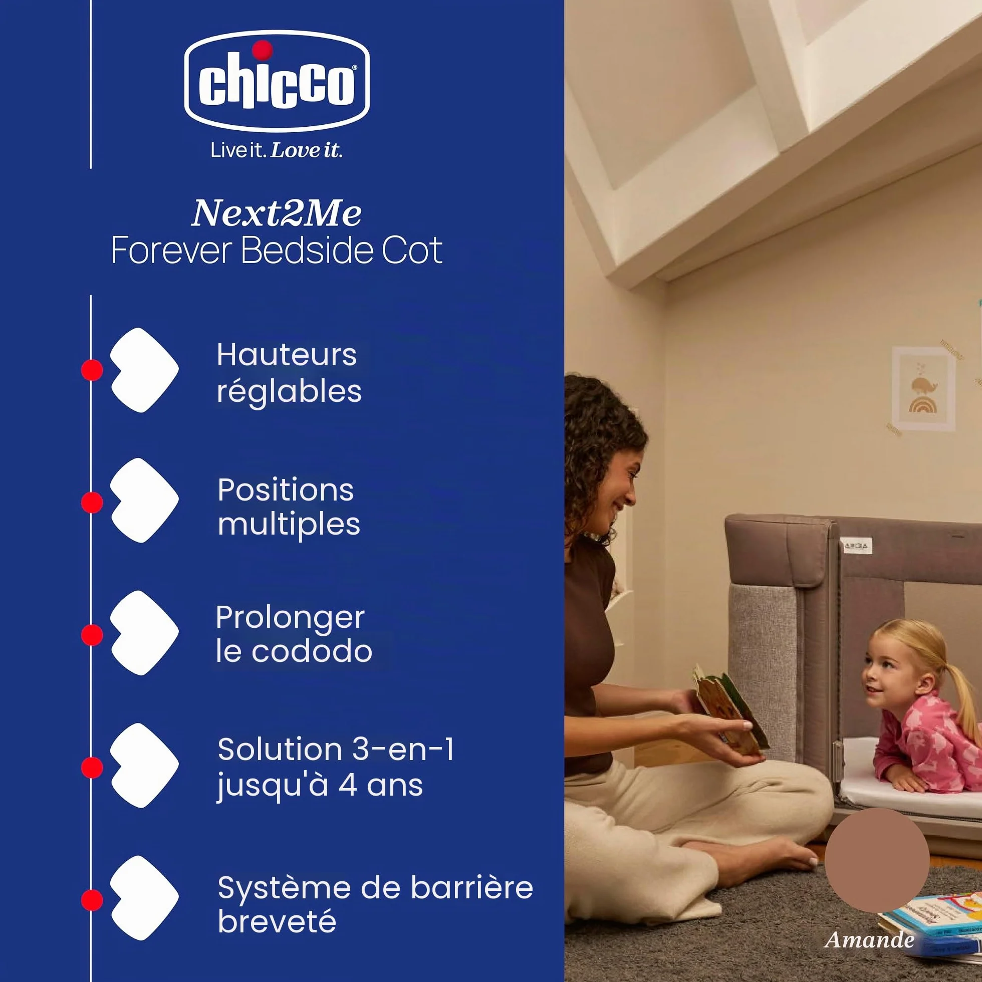 Chicco Next2Me Forever, Lit Bébé 3en1 jusqu'à 4 Ans (22 kg), Berceau avec Hauteur Réglable et Matelas Inclus