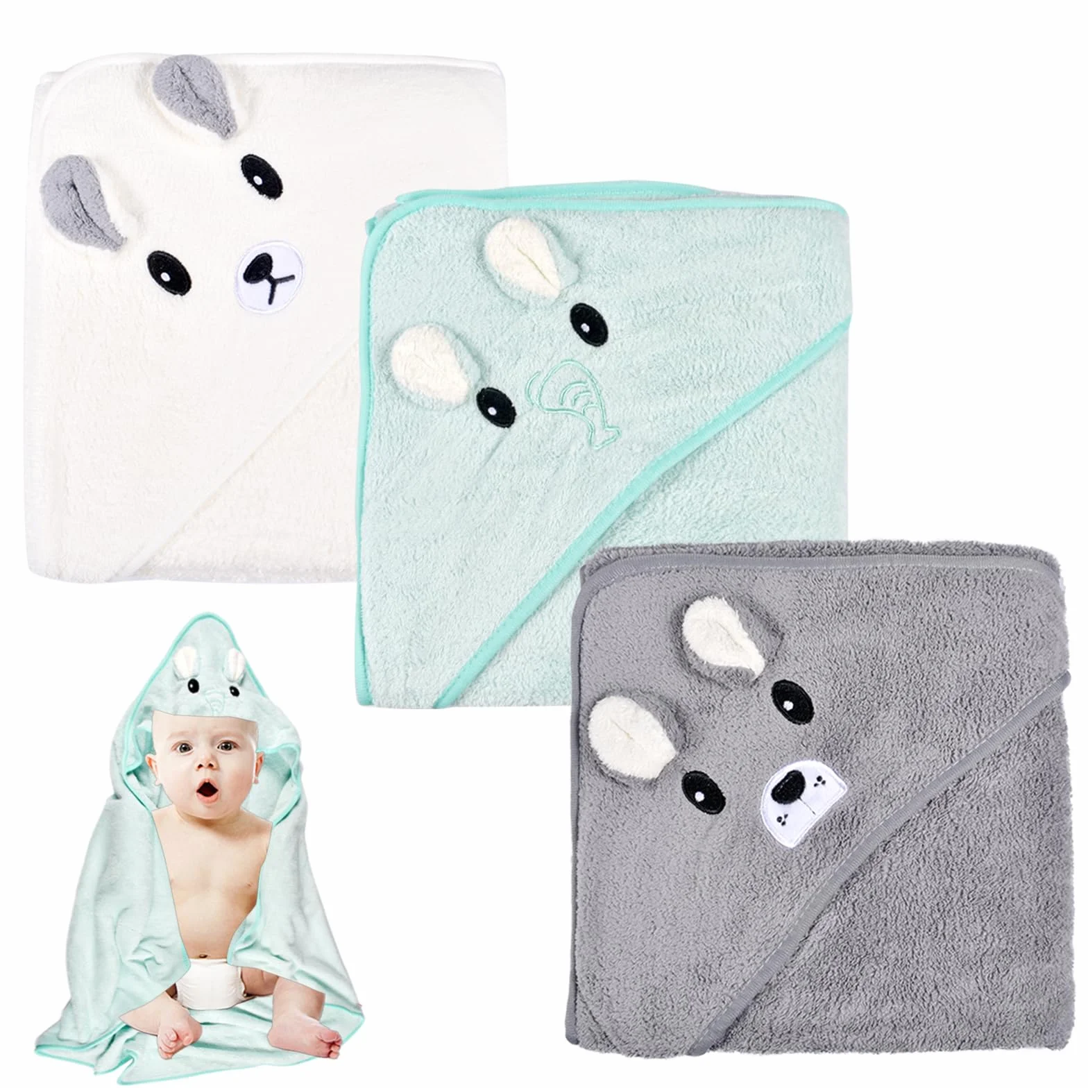 Cape De Bain Bébé Garçon 3Pcs Serviette Éponge 80 x 80cm Peluche De Corail Rose