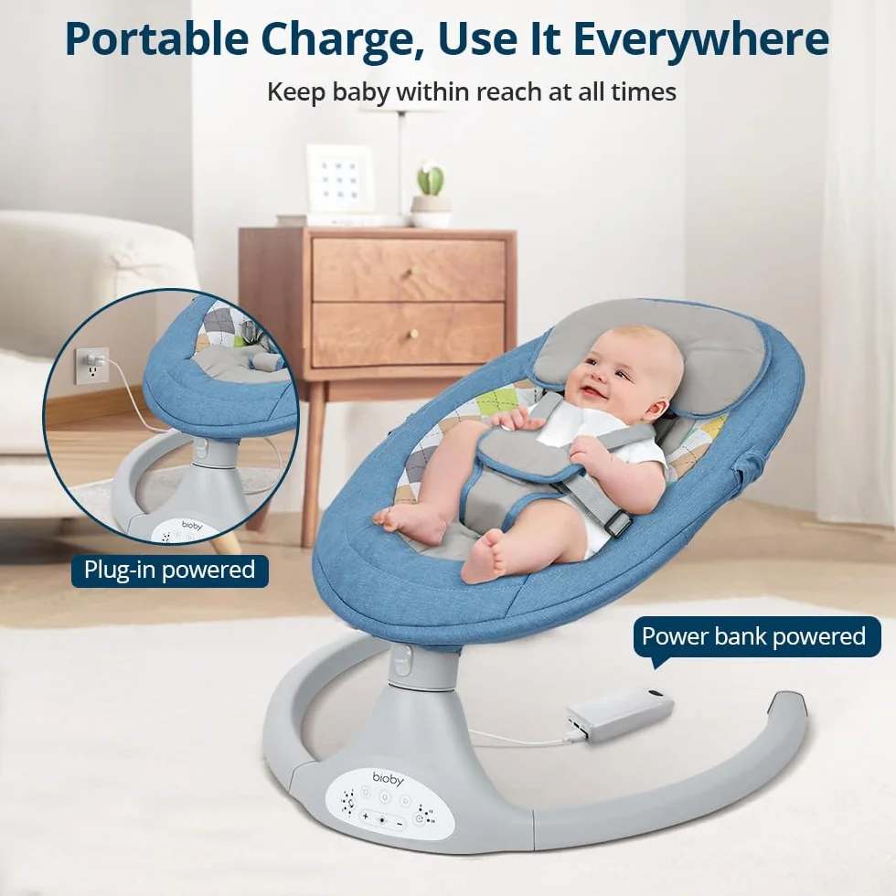 Bioby Balancelle Bebe Electrique Transat Bebe Harnais 5 Points 5 Modes Balancement Pliable Bluetooth Telecommande Bleu