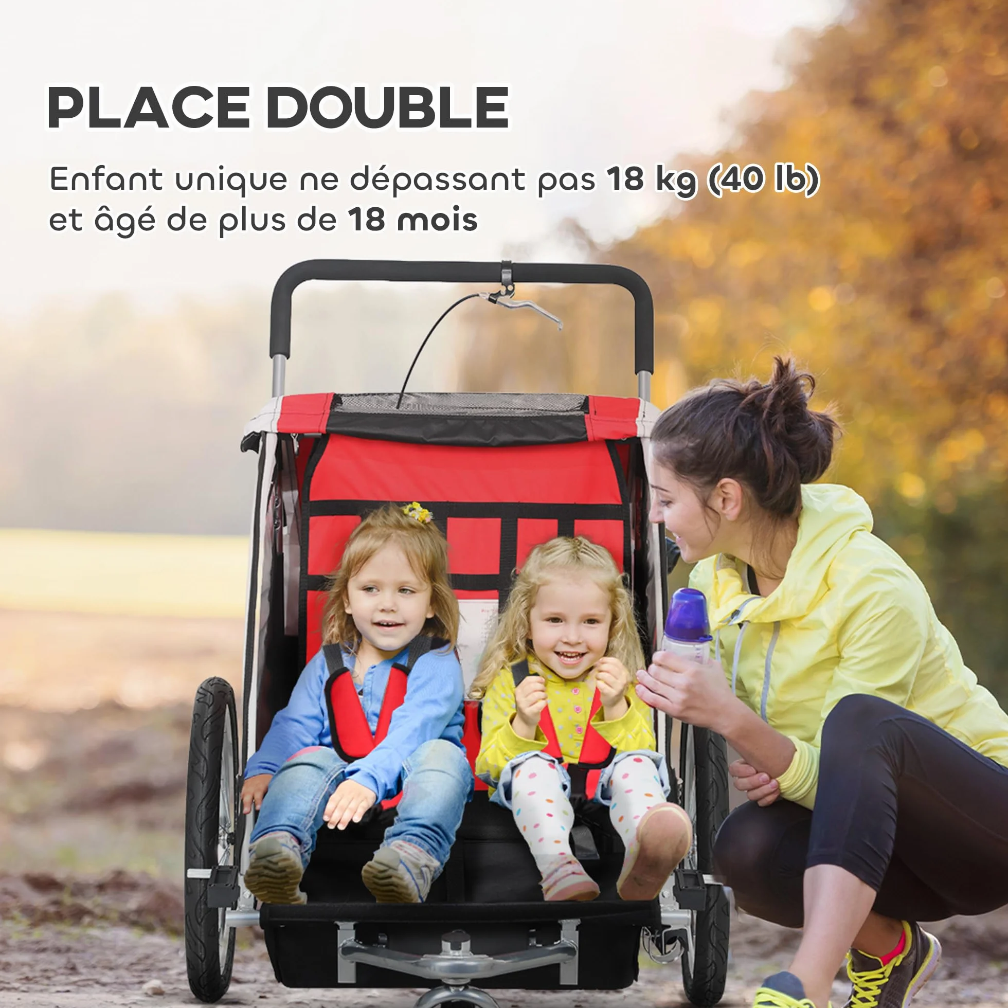HOMCOM Remorque Velo Enfant 2 en 1 Poussette vélo bébé 2 Places, Ceinture sécurité 5 Points, Charge 40 Kg, Rouge