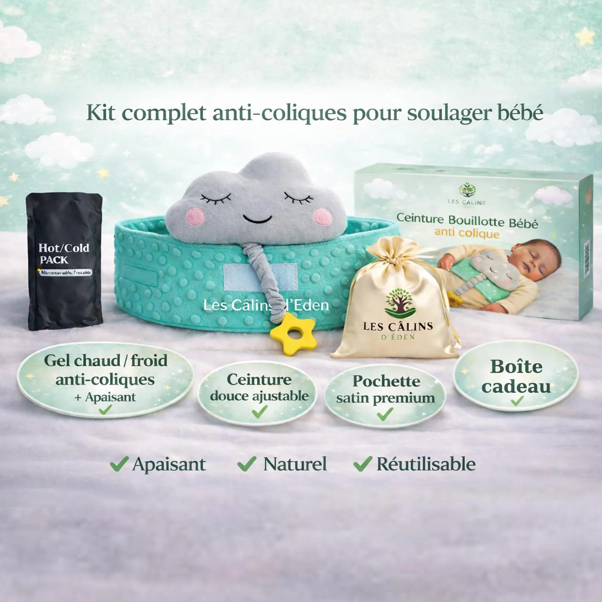 Ceinture bouillotte bébé anti-coliques poche gel chaud/froid doudou musical amovible anneau dentition silicone étoile housse satin Certifiée CE