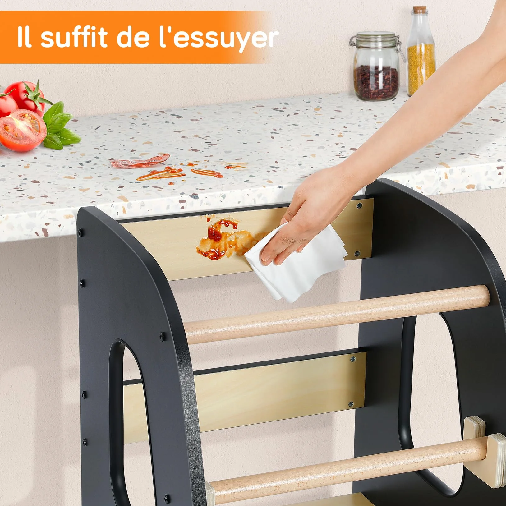 Tour d'apprentissage Montessori pour Enfants en Bois Noir 3 Hauteurs Réglables
