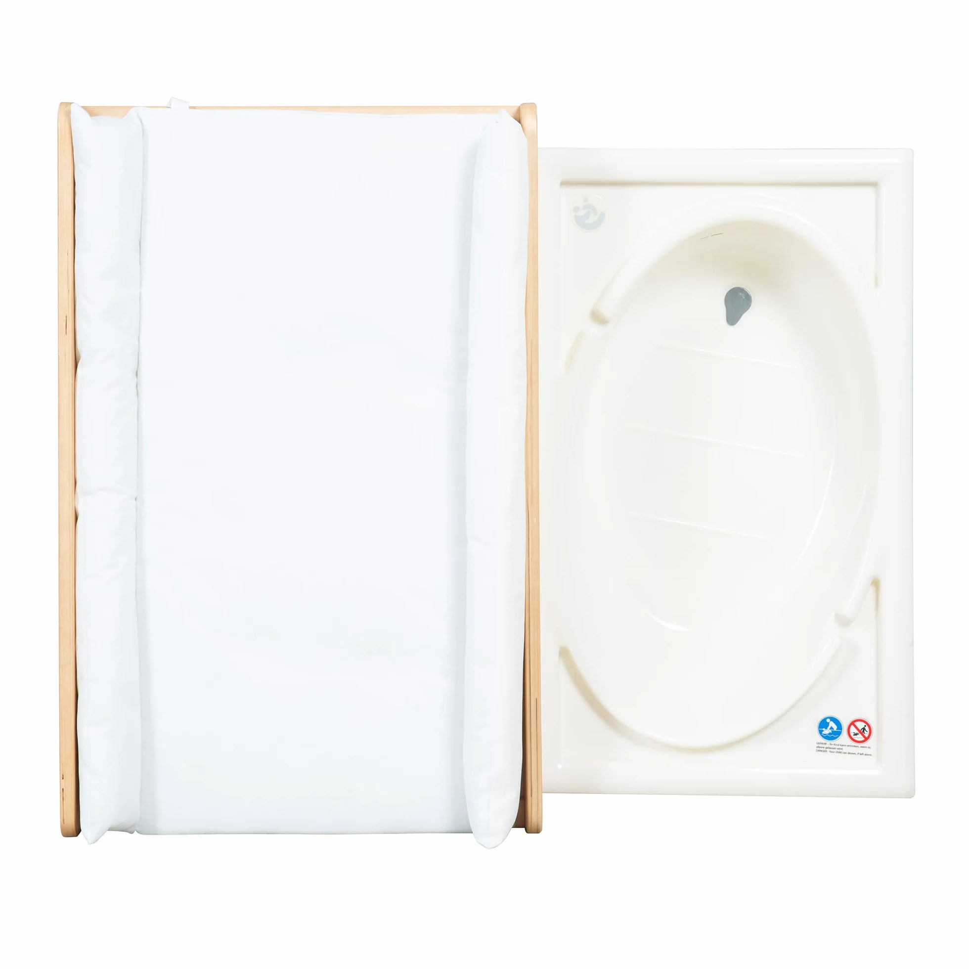 Table à Langer avec Baignoire Coulissante Baby Pool 2EN1 Matelas Imperméable Blanc 2 Compartiments Rangement Bois Naturel