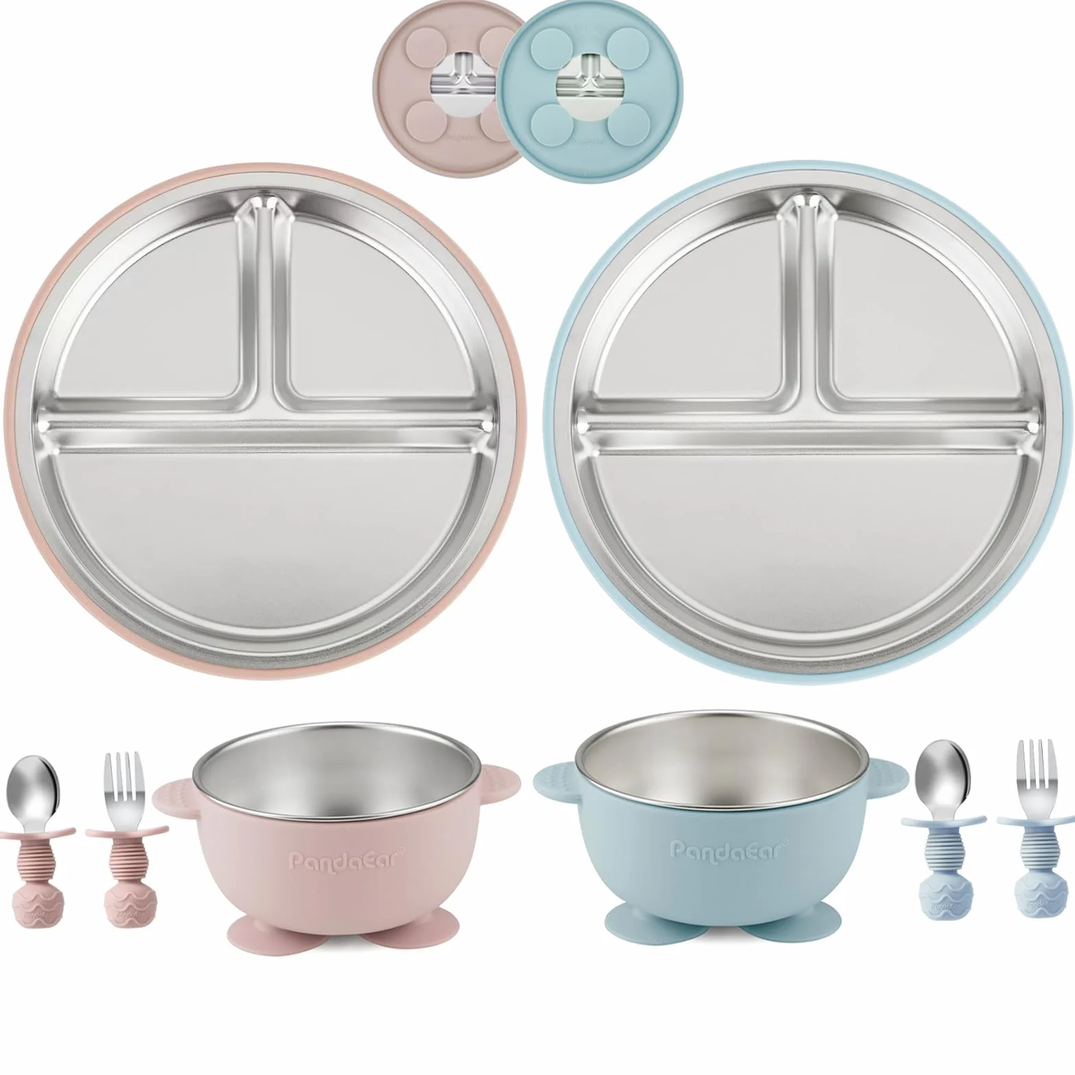 PandaEar Assiettes et Bols à Ventouse en Acier Inoxydable pour Bébé, Lot de 8 avec Cuillère et Fourchette en Silicone, DME (Rose & Bleu)