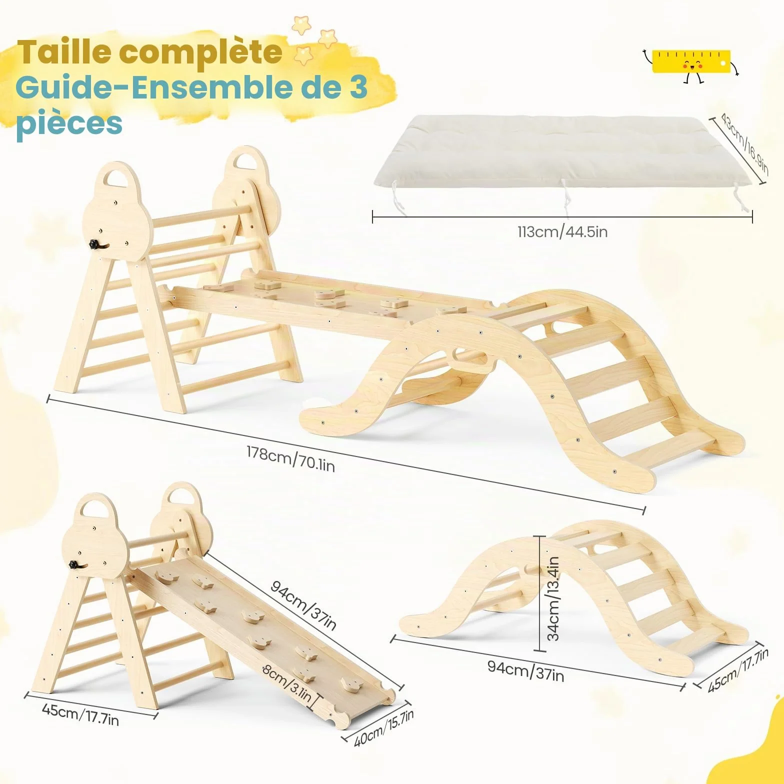 Kit de portique d'escalade Montessori 7 en 1 triangle d'escalade d'intérieur arche avec coussin et toboggan jouet en bois pour 1 à 5 ans