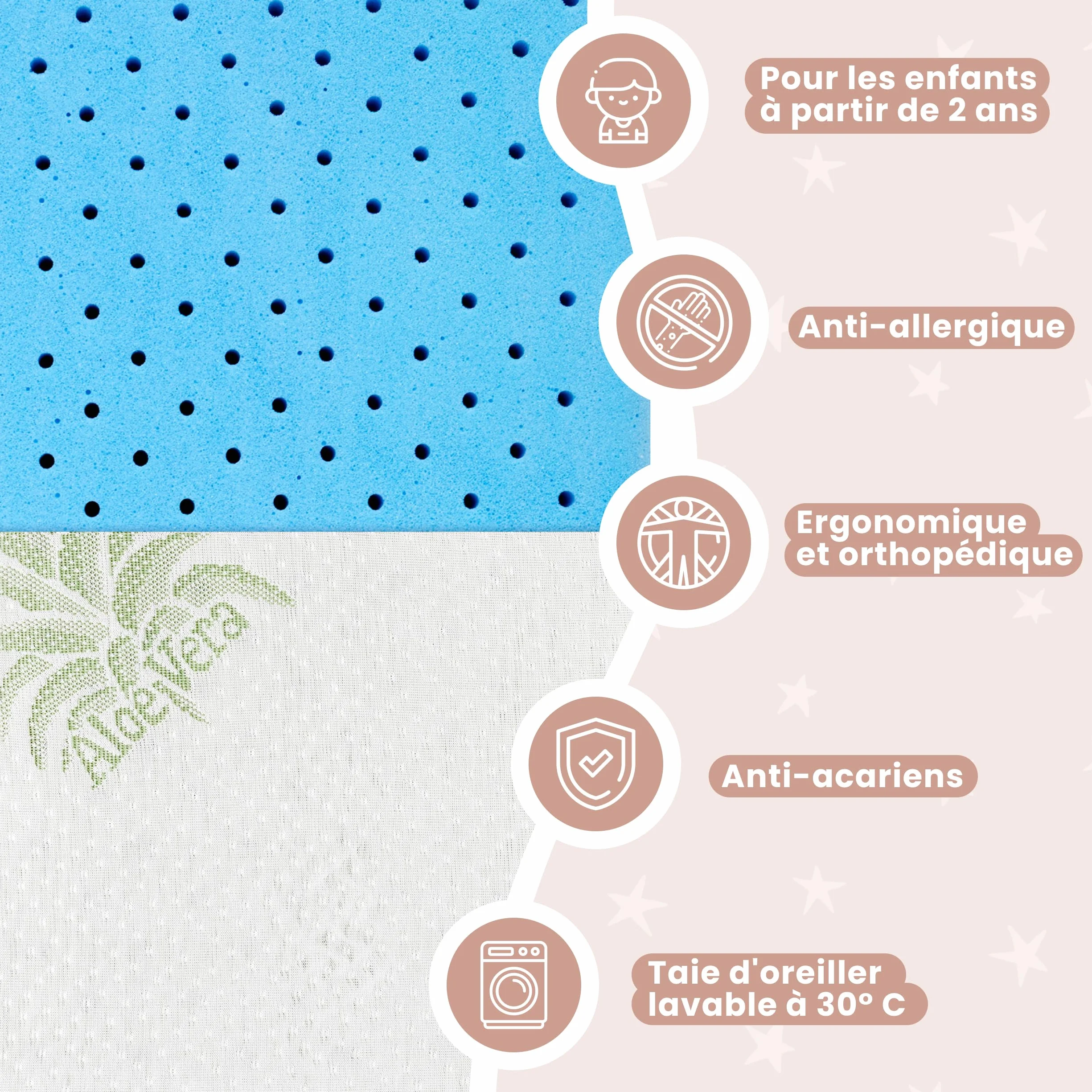 MIMUSELINA Oreiller Memoire Forme 50x30x5,5 cm pour Bébé et Enfants Anti-Étouffement Hypoallergénique