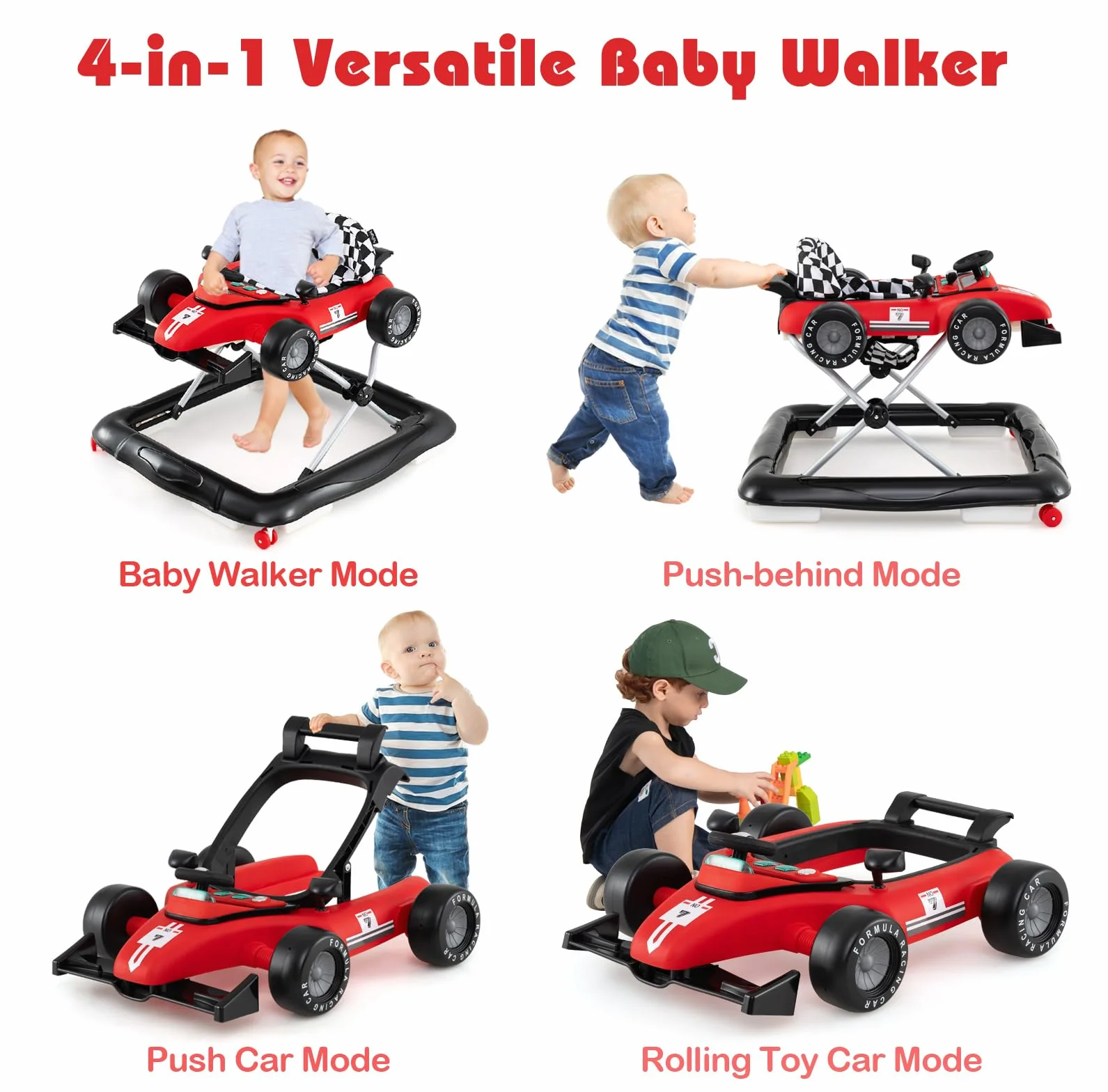 LIFEZEAL Trotteur Bébé Evolutif 4 en 1 Pliable avec Roues Universelles, Musique et Lumières, pour 6-18 Mois, Charge 12 kg