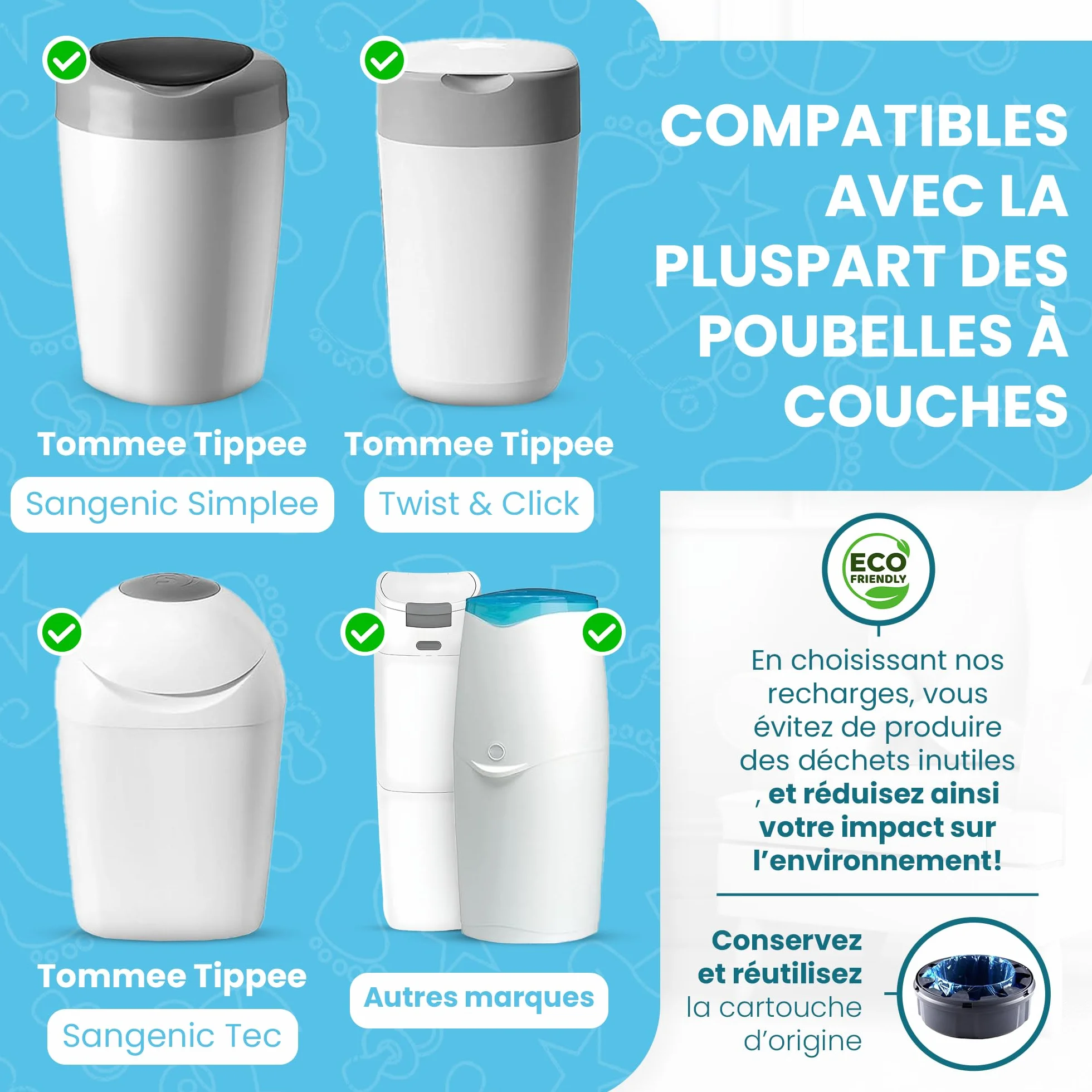 VibeGifting® Pack XXL-9 Recharge Poubelle à Couche 10 m Compatible Tommee Tippee Angelcare Antibactérien Parfumé Anti-Odeur Sans BPA Recyclé
