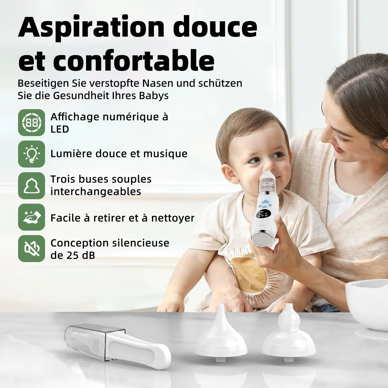 Mouche Bebe Electrique, Mouche Nez Bébé 5 Niveaux Aspiration 3 Tailles Embout Musique Lumière LED Portable