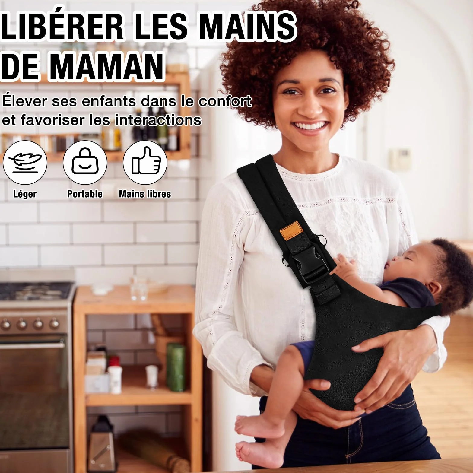 Écharpe de Portage Réglable Porte Bébé Hanche Respirant pour Nouveau-Nés et Tout-Petits jusqu'à 15 kg Noir