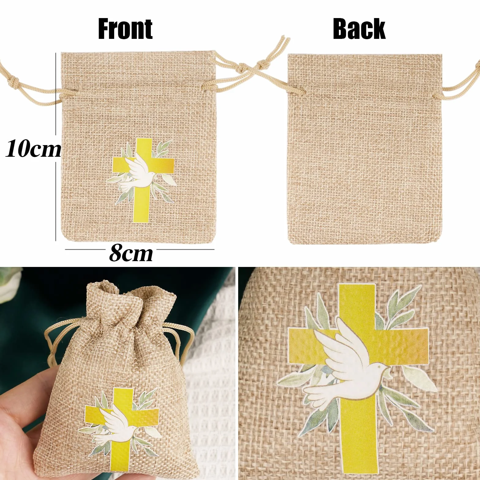 BETESSIN 24pcs Sachet Dragée Jute Pochette Communion Baptême 8x10cm Toile Chanvre Confirmation Sac Poche Bijoux Bonbon Chocolat Cadeau Perle Faveur Décoration Fête Communion