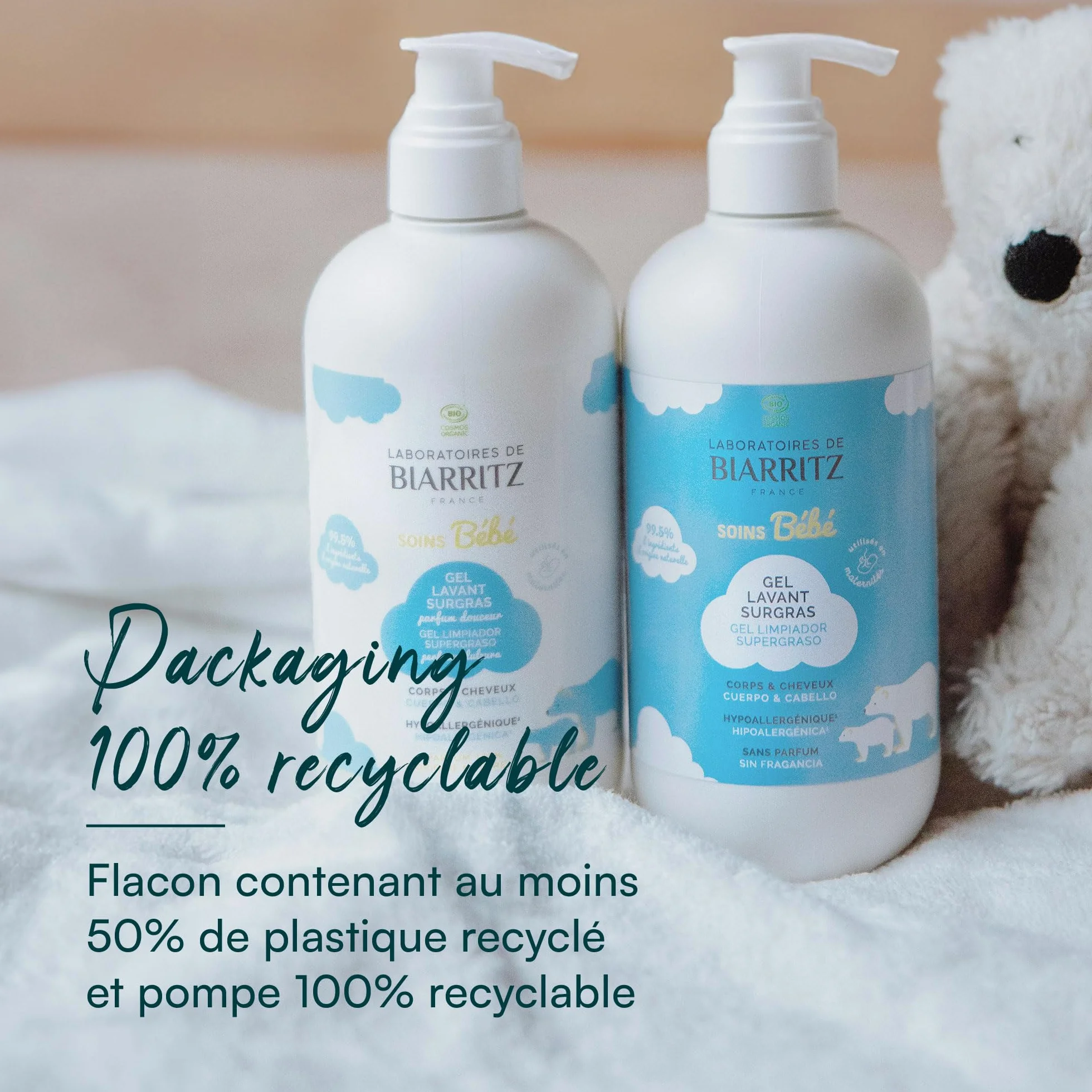 Laboratoires de Biarritz Gel Lavant Surgras Bébé Sans Parfum pH Neutre Certifié Bio 500 ml Fabriqué en France