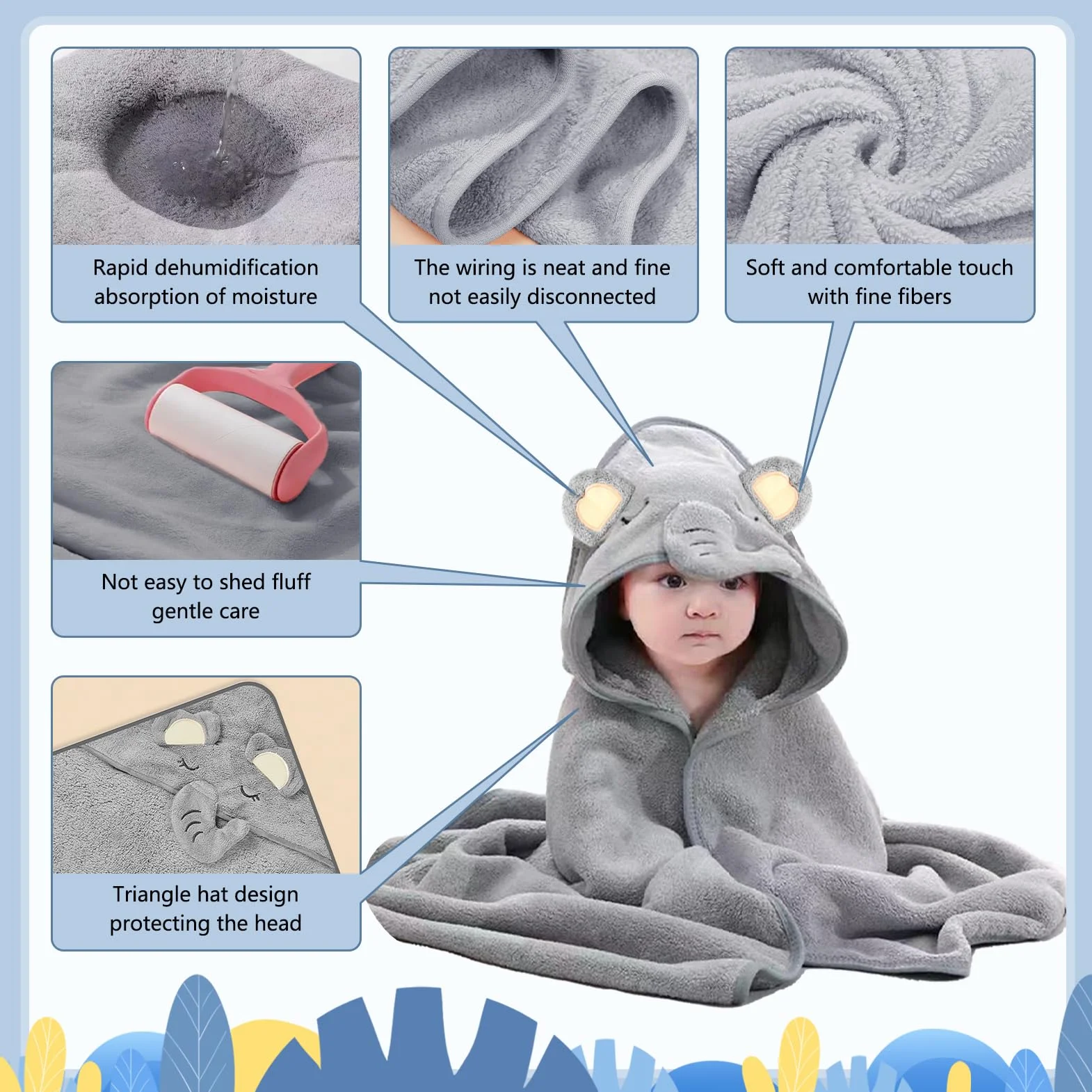 Serviette de Bain Bébé avec Capuche 80 x 80 cm Design Éléphant Gris