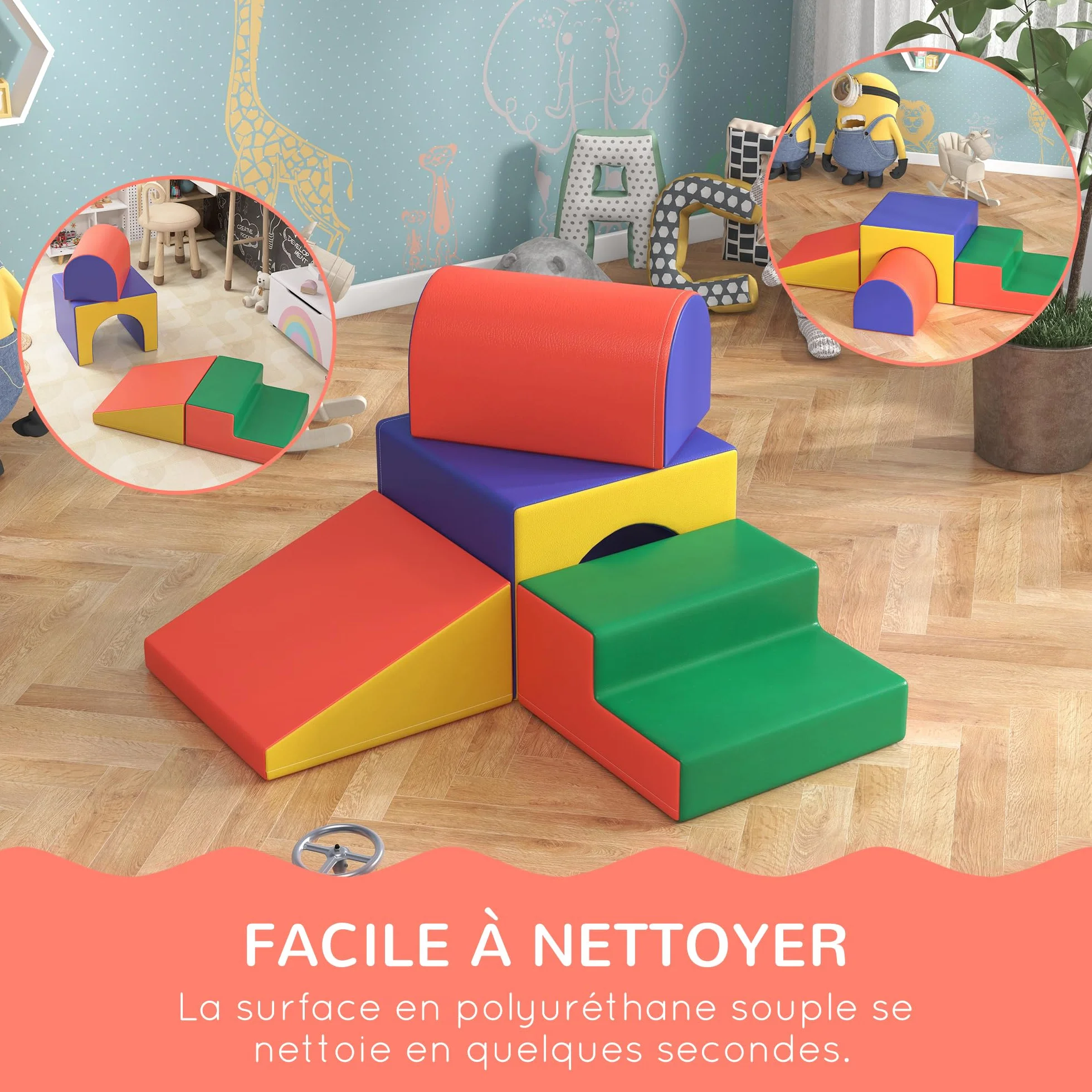 HOMCOM Parcours motricité bébé 4PCS, Module motricité bébé en Mousse EPE avec Housse revêtement synthétique, Blocs Mousse Construction, Jouets éducatifs Enfants préscolaire, Multicolore