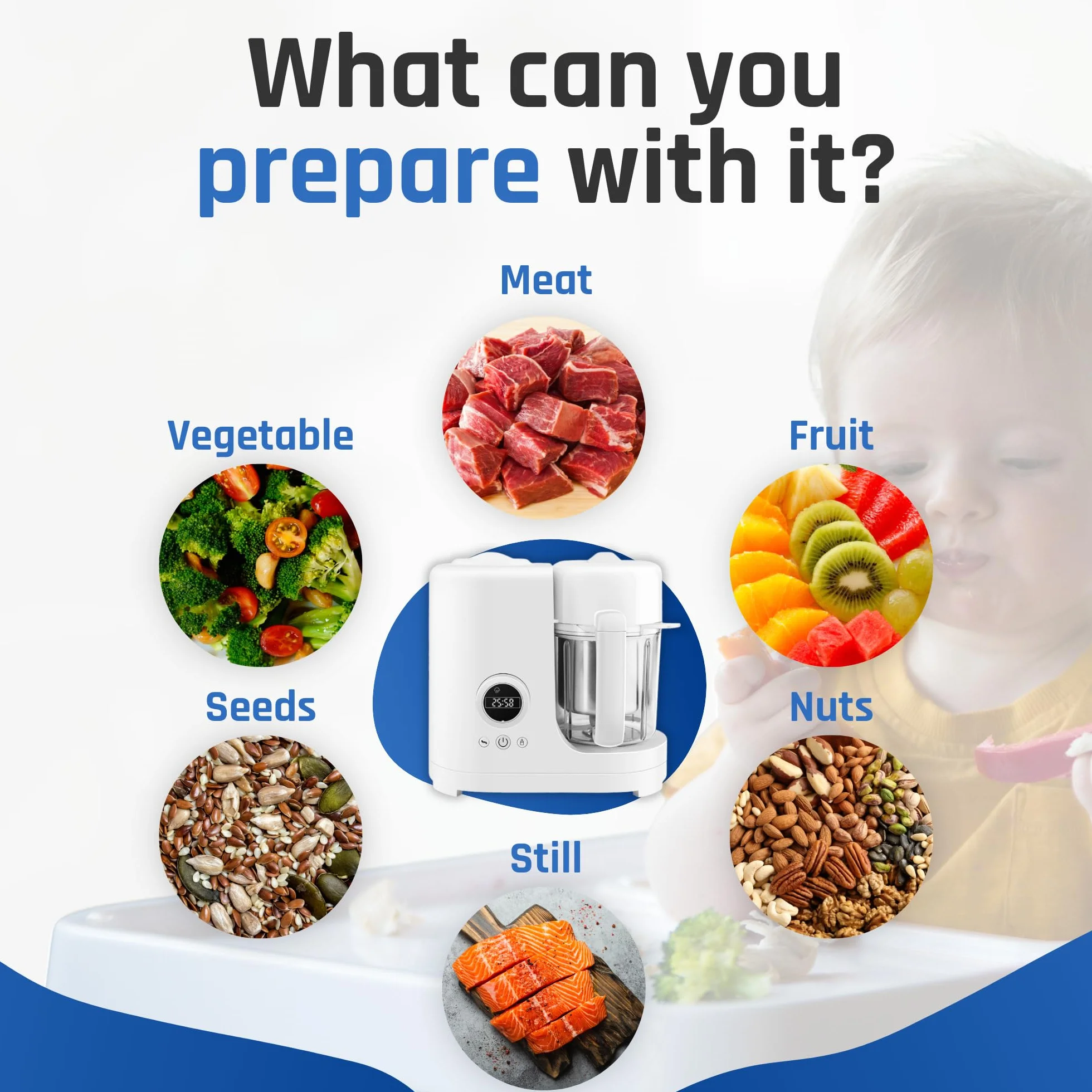 Robot culinaire bébé 6-en-1 cuiseur vapeur mixeur purée bol inox 300 ml sans BPA