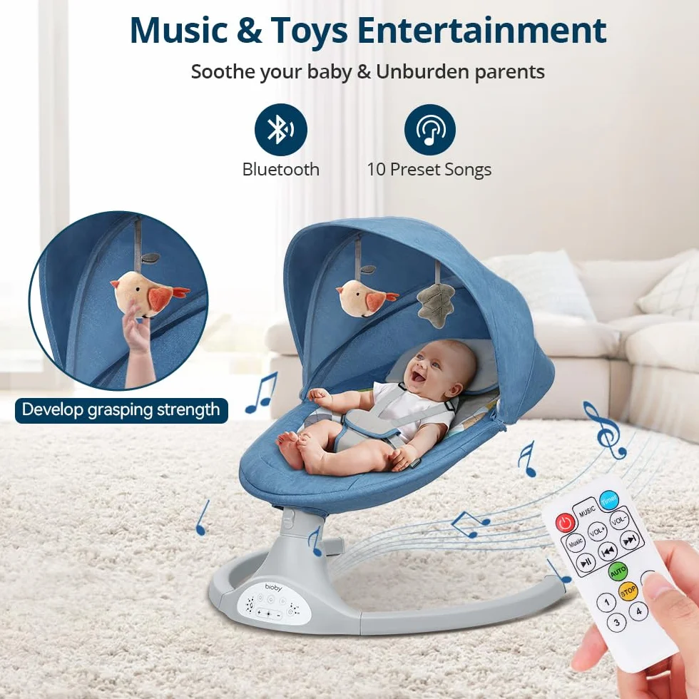 Bioby Balancelle Bebe Electrique Transat Bebe Harnais 5 Points 5 Modes Balancement Pliable Bluetooth Telecommande Bleu