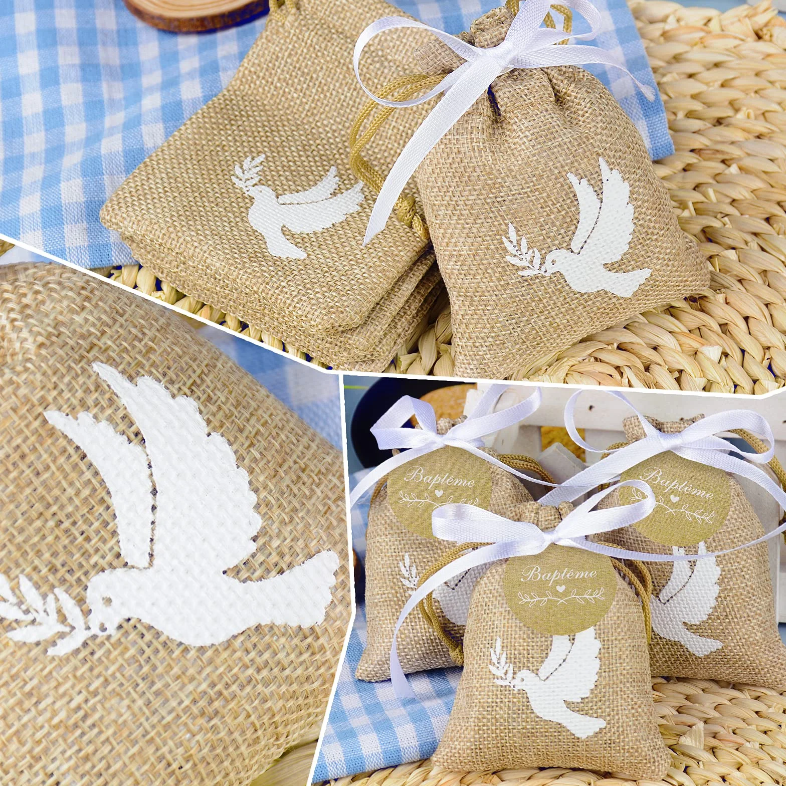 20Pcs Sachet Jute Etiquette Baptême Pochette Dragée Motif Colombe Cadeau Invité Décoration avec Ruban