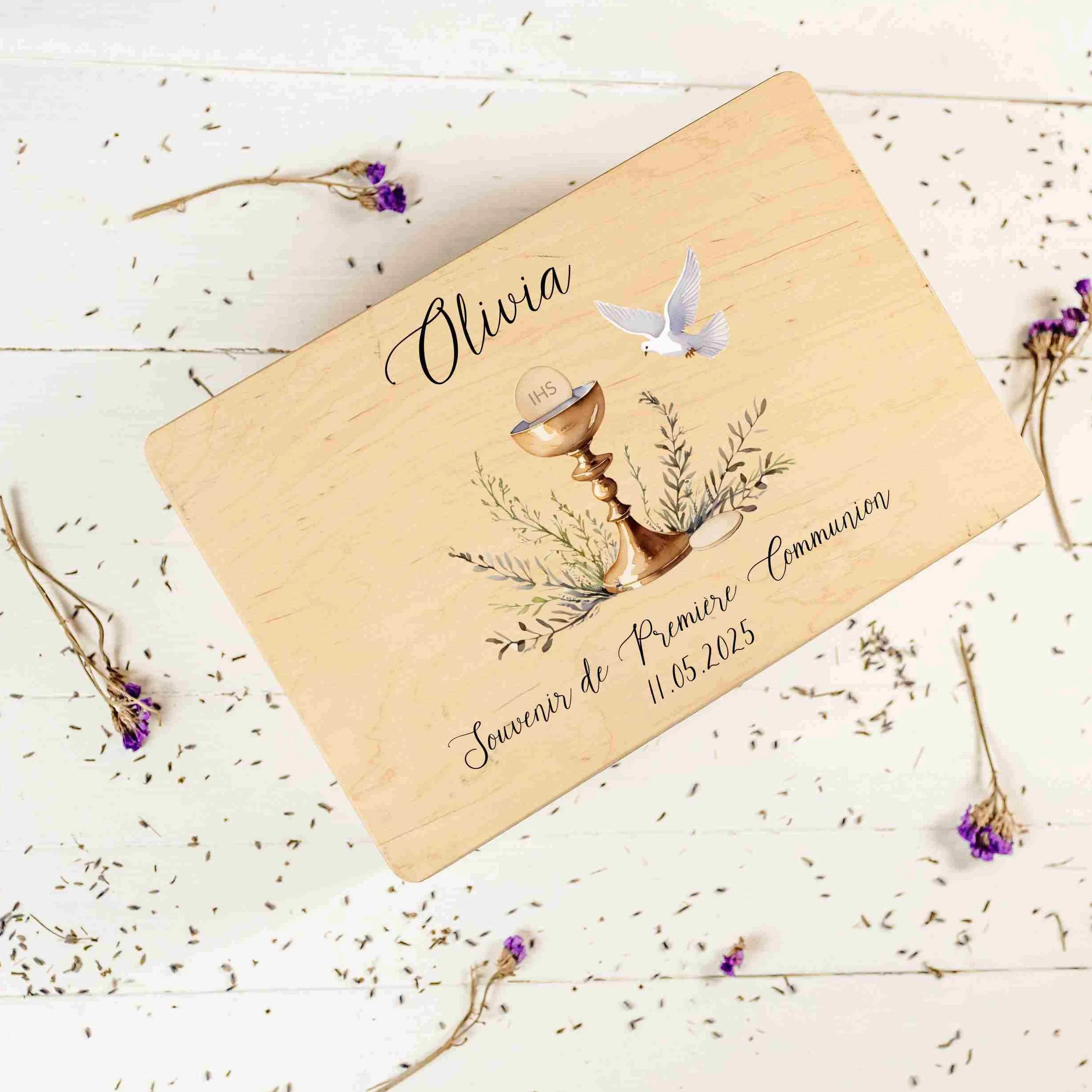 Boîte à Souvenirs en Bois Personnalisée Première Communion Cadeau Calice