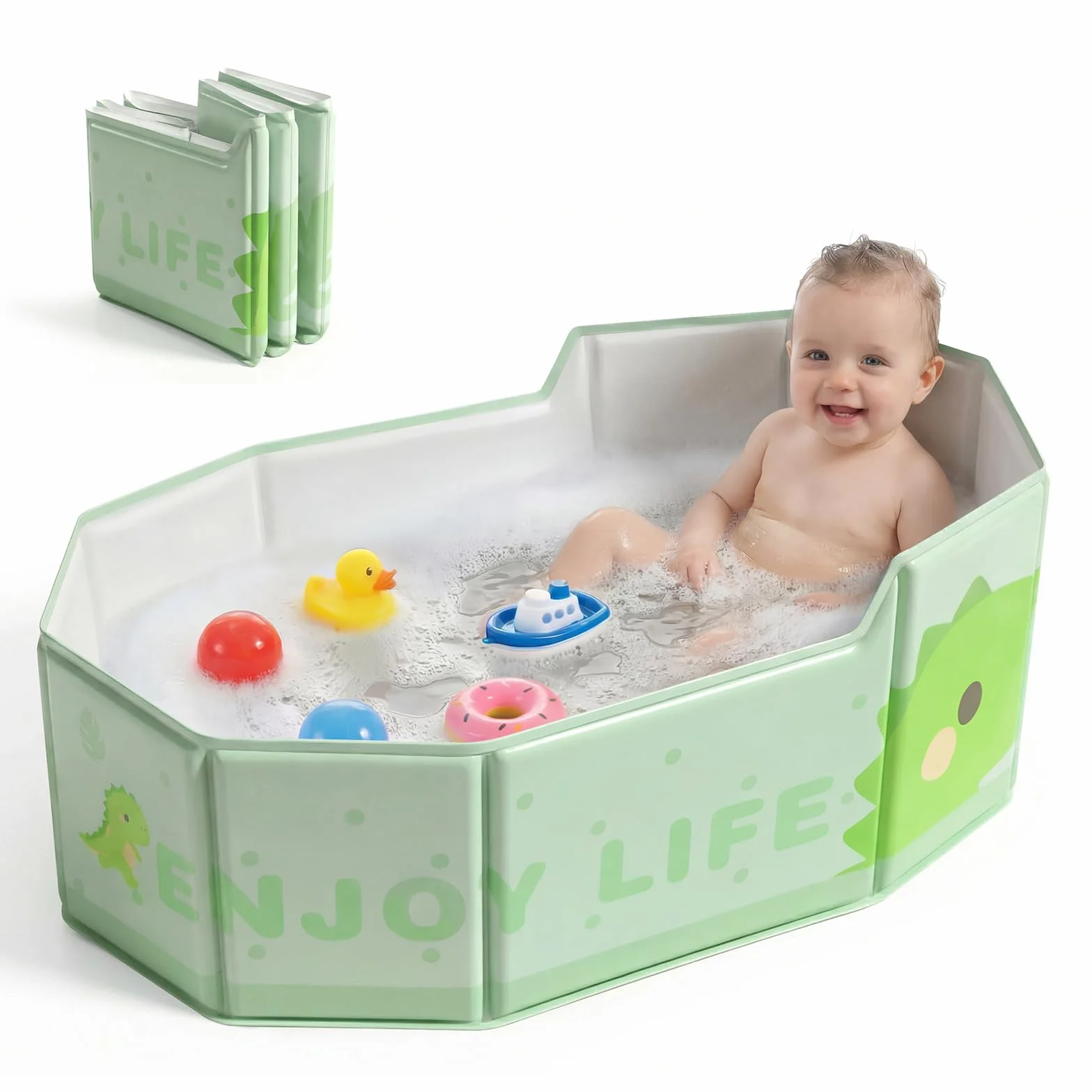 Orzbow Baignoire Pliable Bébé, Grande Baignoire avec Base Antidérapante, Vert, 6 Mois à 6 Ans