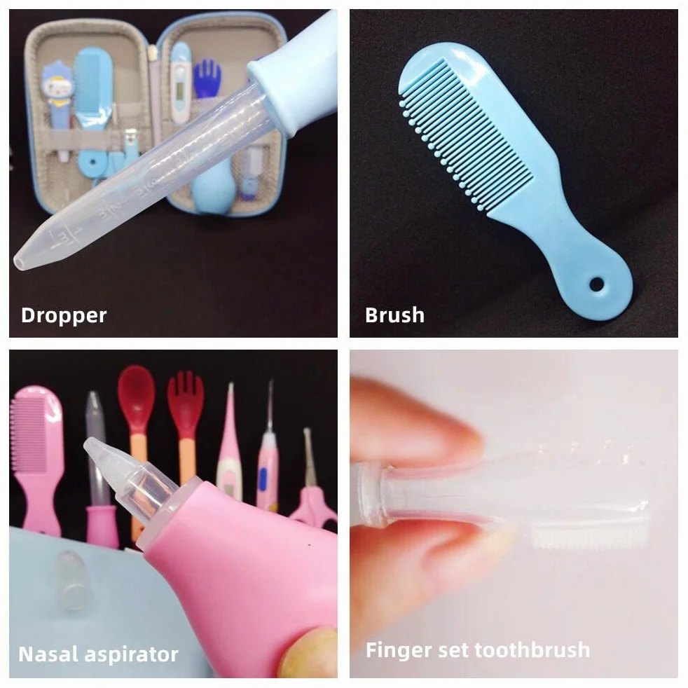 Kit de Soin Bébé 13 pièces Thermomètre Digital Coupe-ongles Ciseaux Peigne Brosse à doigts Rose
