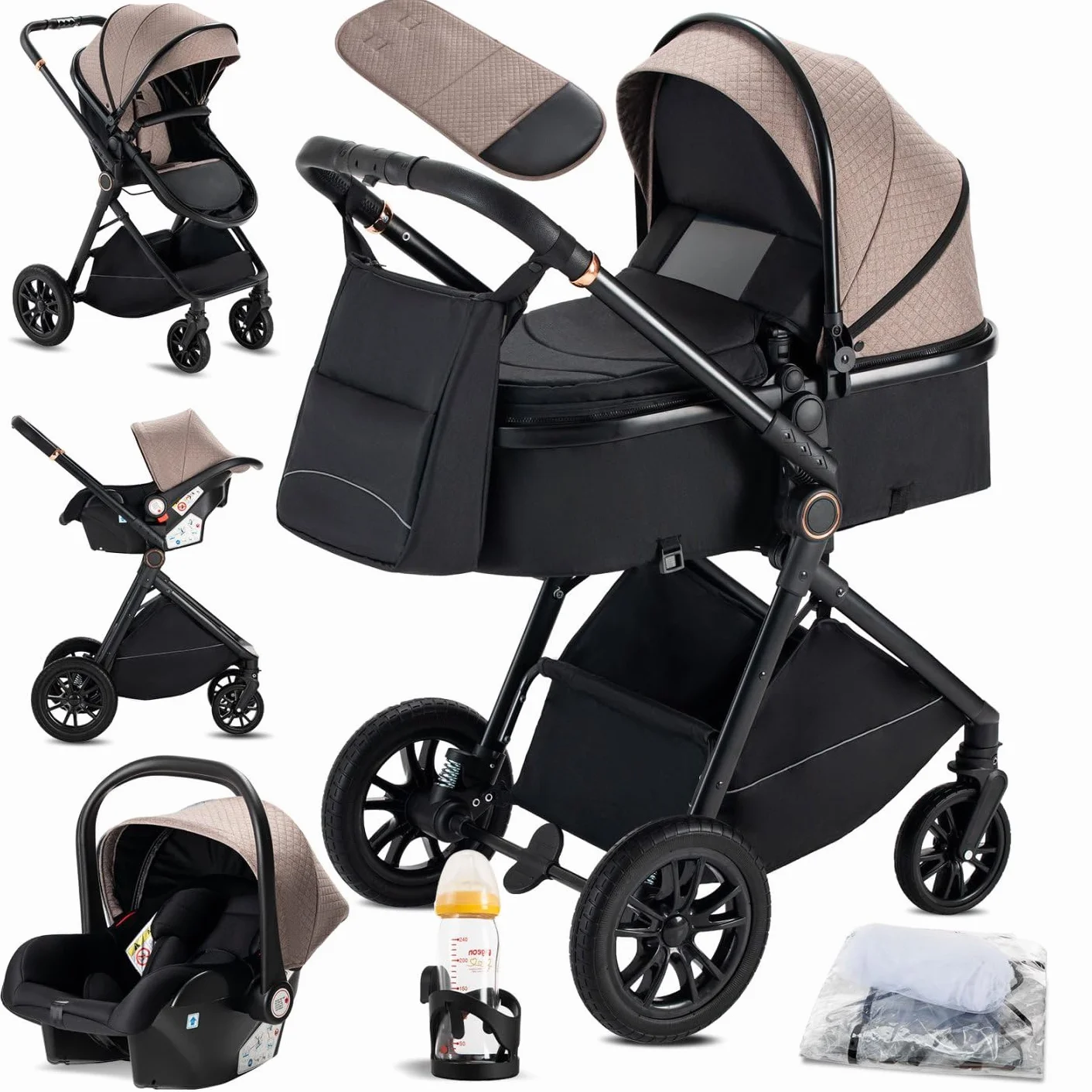 Poussette 3 en 1 Siège Auto Léger Bébé Pliable 0-36 Mois Kaki