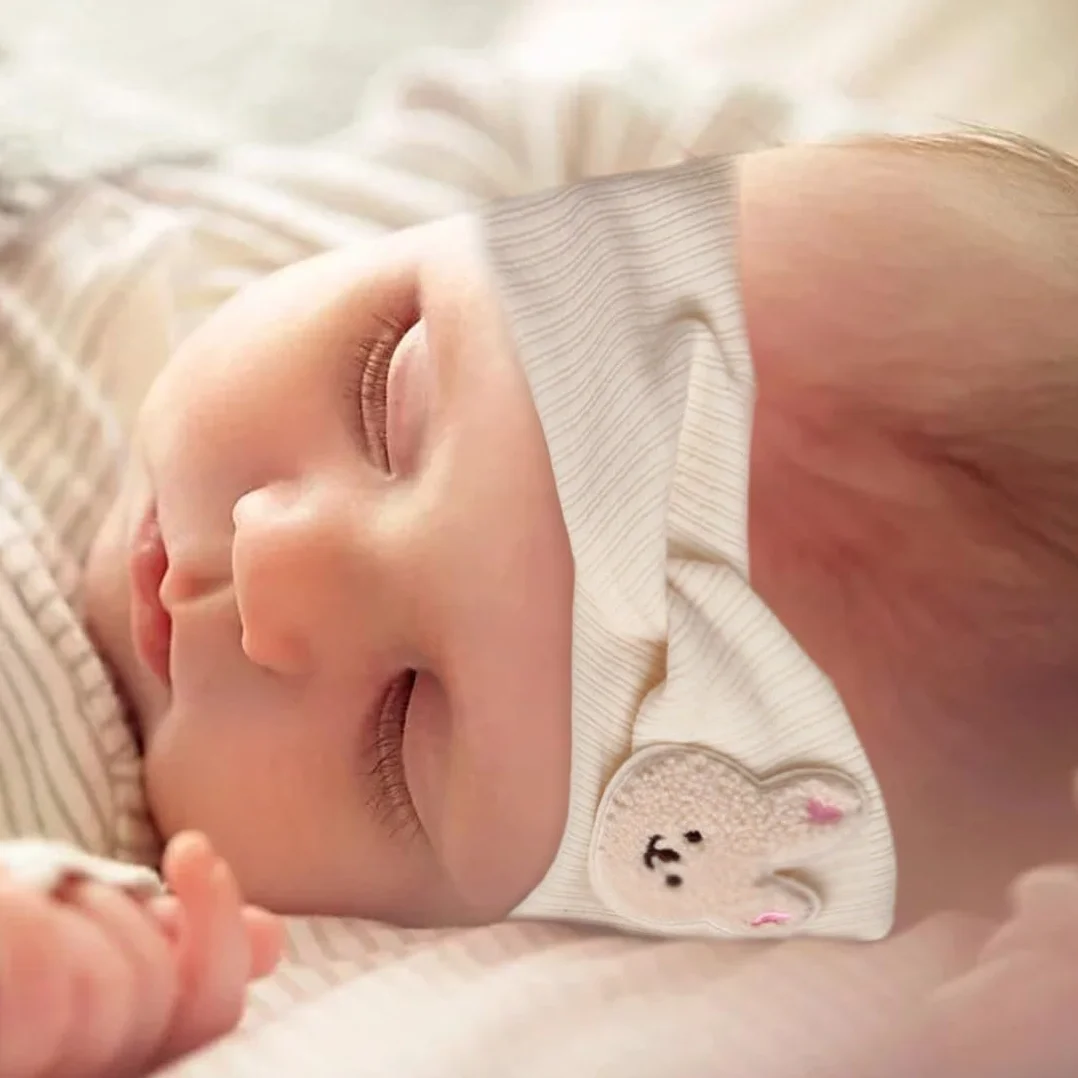 Baby Stirnband Blumen beige Eichhörnchen Kaninchen Kreuz gestrickt weich elastisch Mädchen