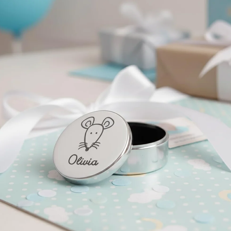 Amikado Boîte à Dents Personnalisée Enfant Argentée – Souris Gravée avec Prénom – Cadeau Souvenir Dent de Lait