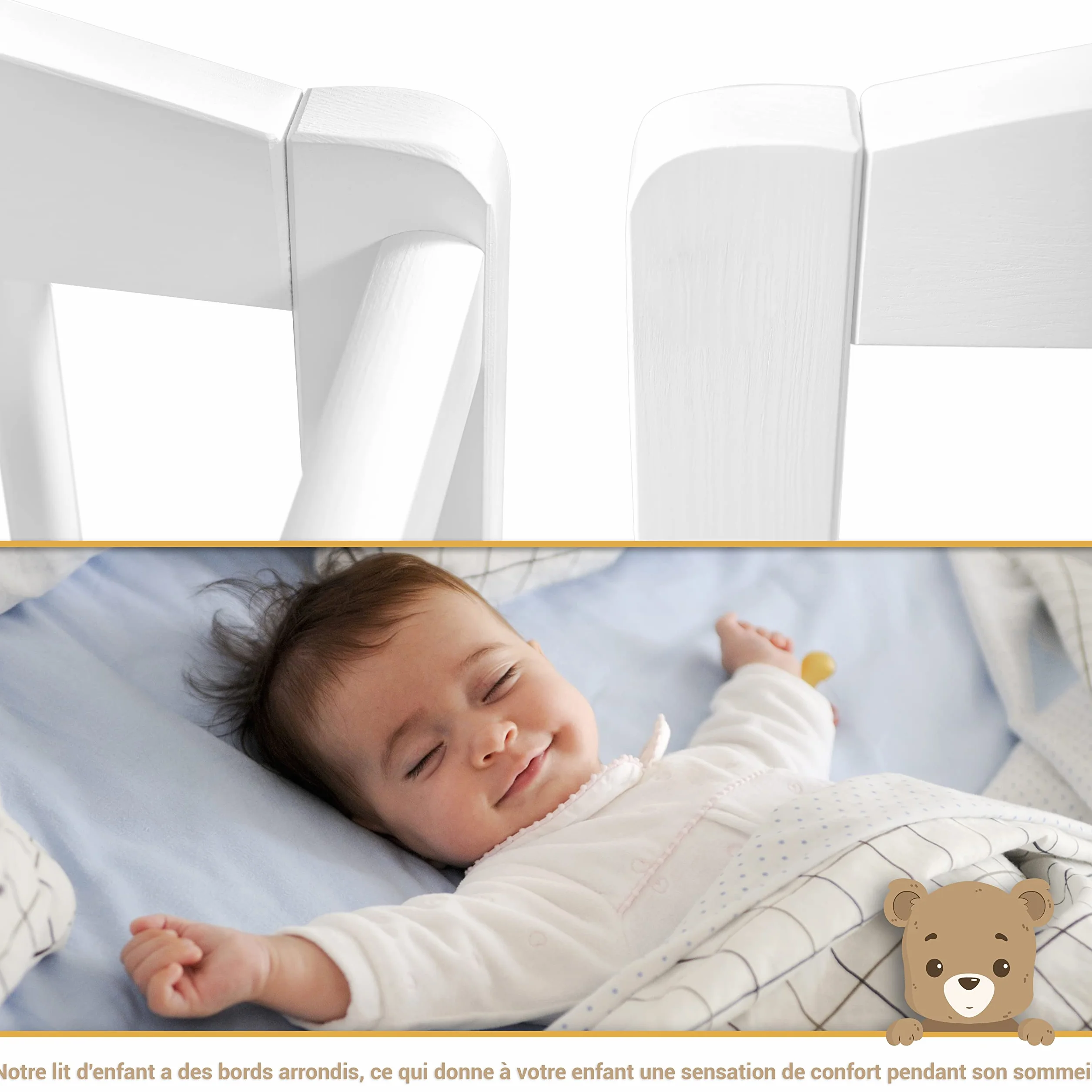 Lit Bébé 60x120 cm avec Tiroir – Lit en Bois Réglable en Hauteur, Transformable en Lit Enfant Blanc