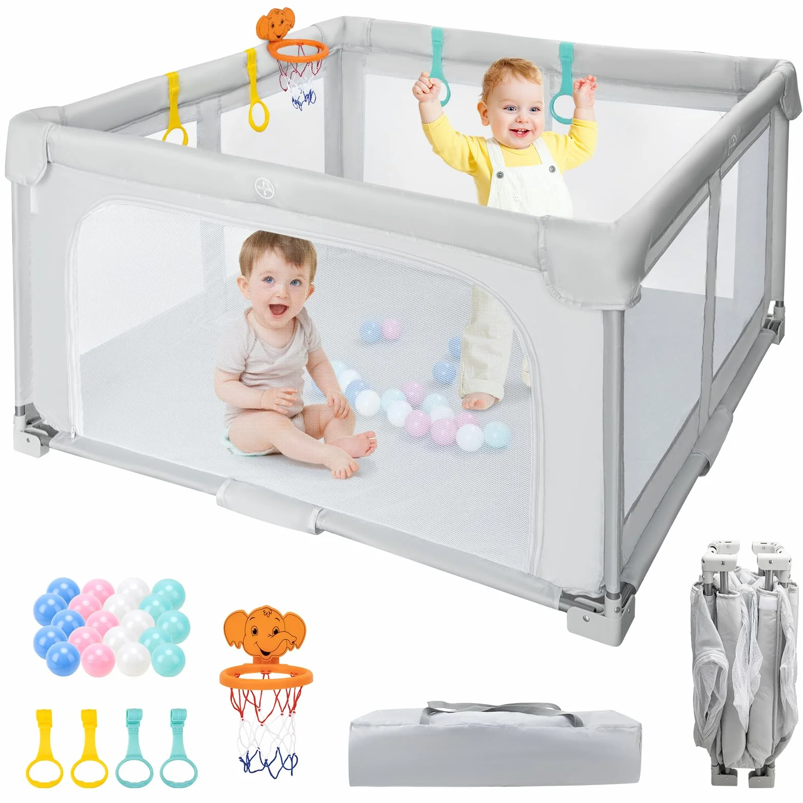 Parc Bebe Pliable 127x127cm Baby Playpen avec Sac de Voyage, 20 Boules Océaniques et 4 Poignées