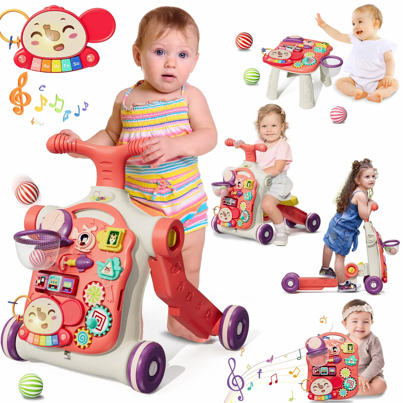 Trotteur Bébé Fille 5 en 1, Chariot de Marche Centre d'Activité, Jouet Push pour Tout-petit 12 Mois