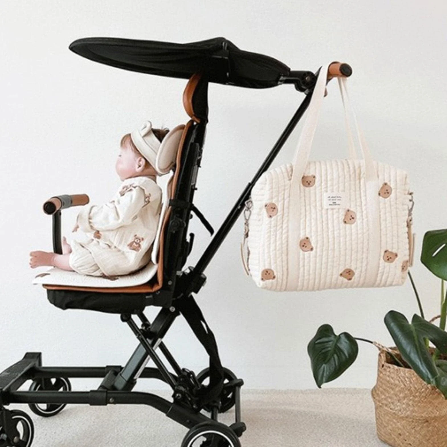 Sac à Langer Portable Grande Capacité en Coton avec Bandoulière