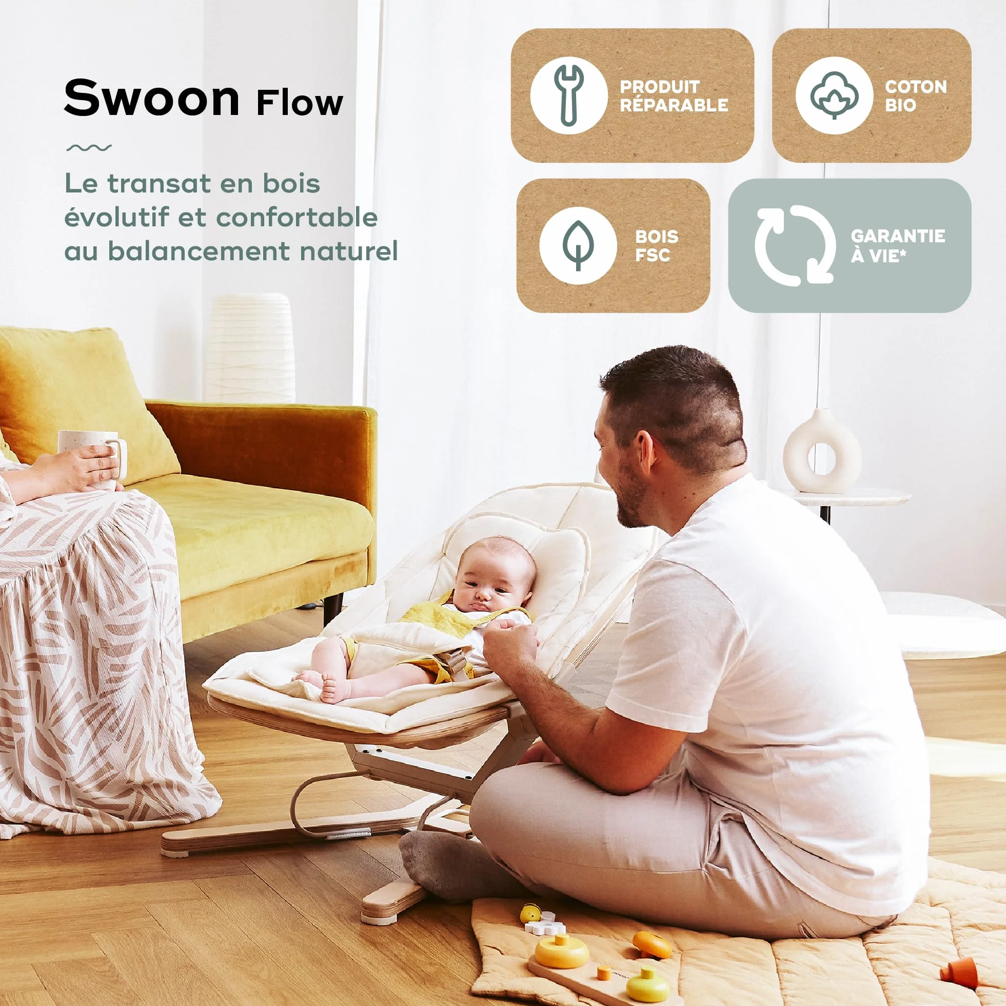 Babymoov Transat Bébé Bois Swoon Flow Évolutif Fauteuil Enfant 18kg Balancement Naturel 3 Positions Dossier Coton Bio Bois FSC