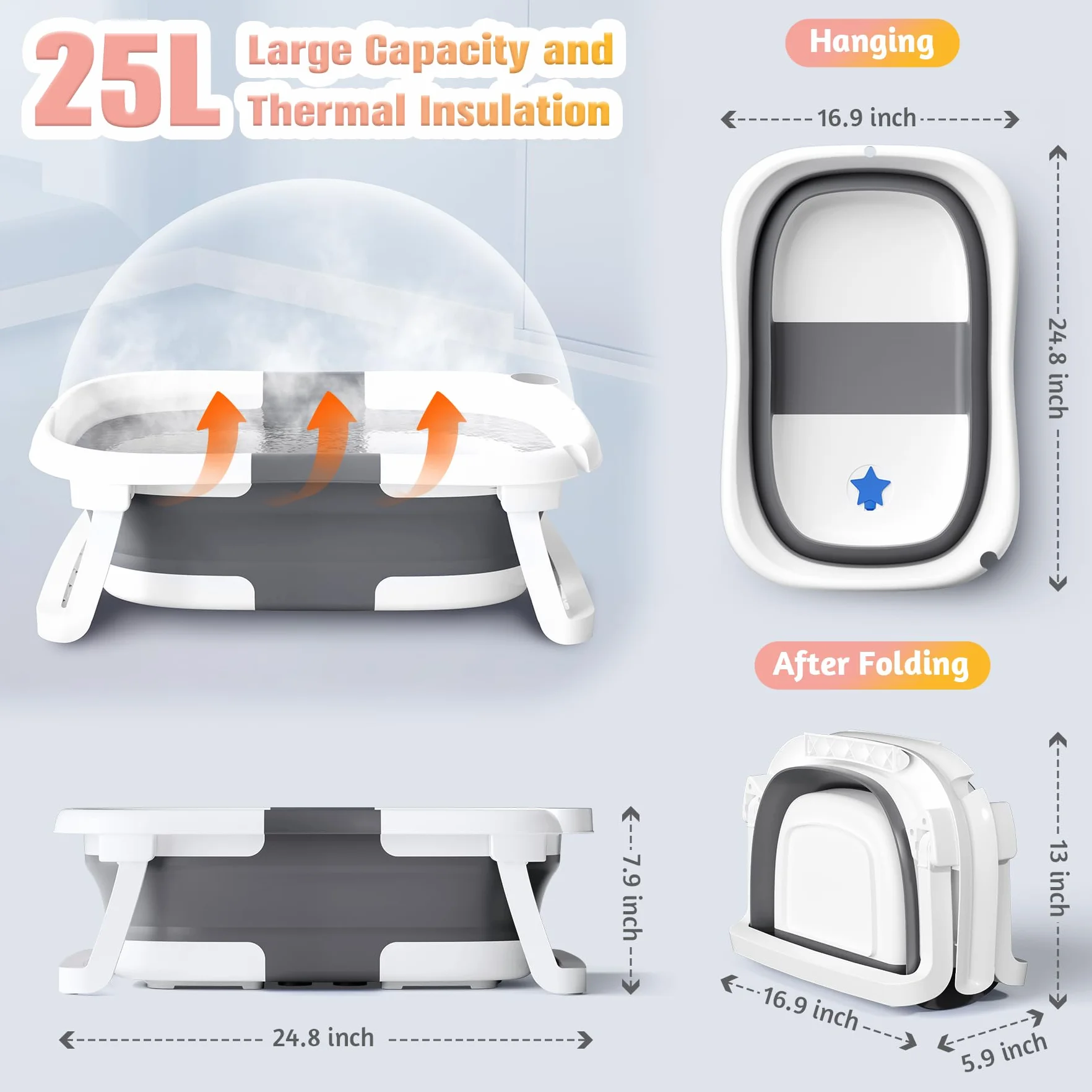 Baignoire Bébé Pliable Antidérapant avec Tapis et Trous de Drainage pour Nouveau-Nés et Tout-Petits Gris