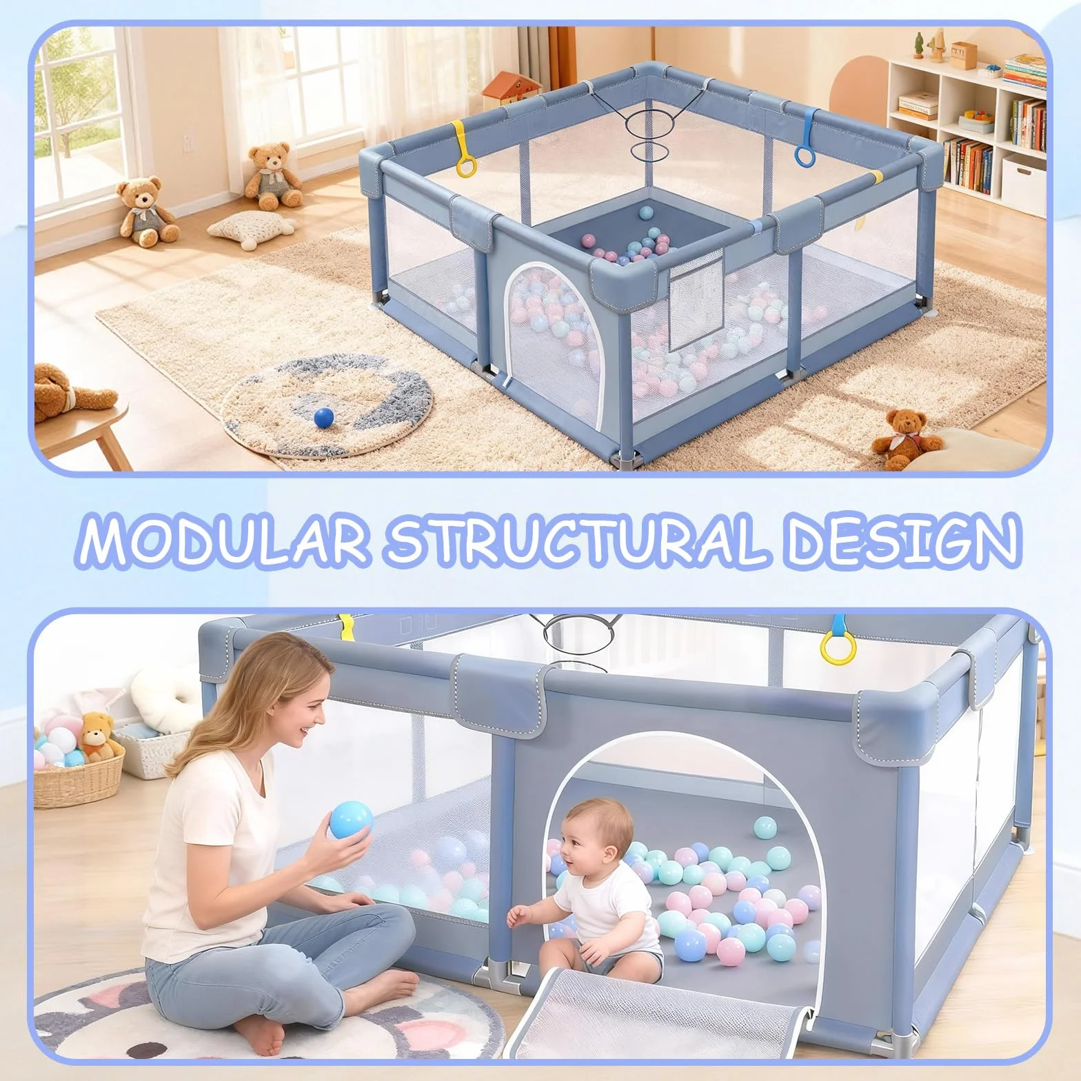 Verdego Parc Bebe 150x180x66cm Enfant avec 50 Boules Fosse 4 Anneaux Traction Mini Vannerie Tissu 210D Oxford Acier Inoxydable Jeu Sécurisé Gris Clair