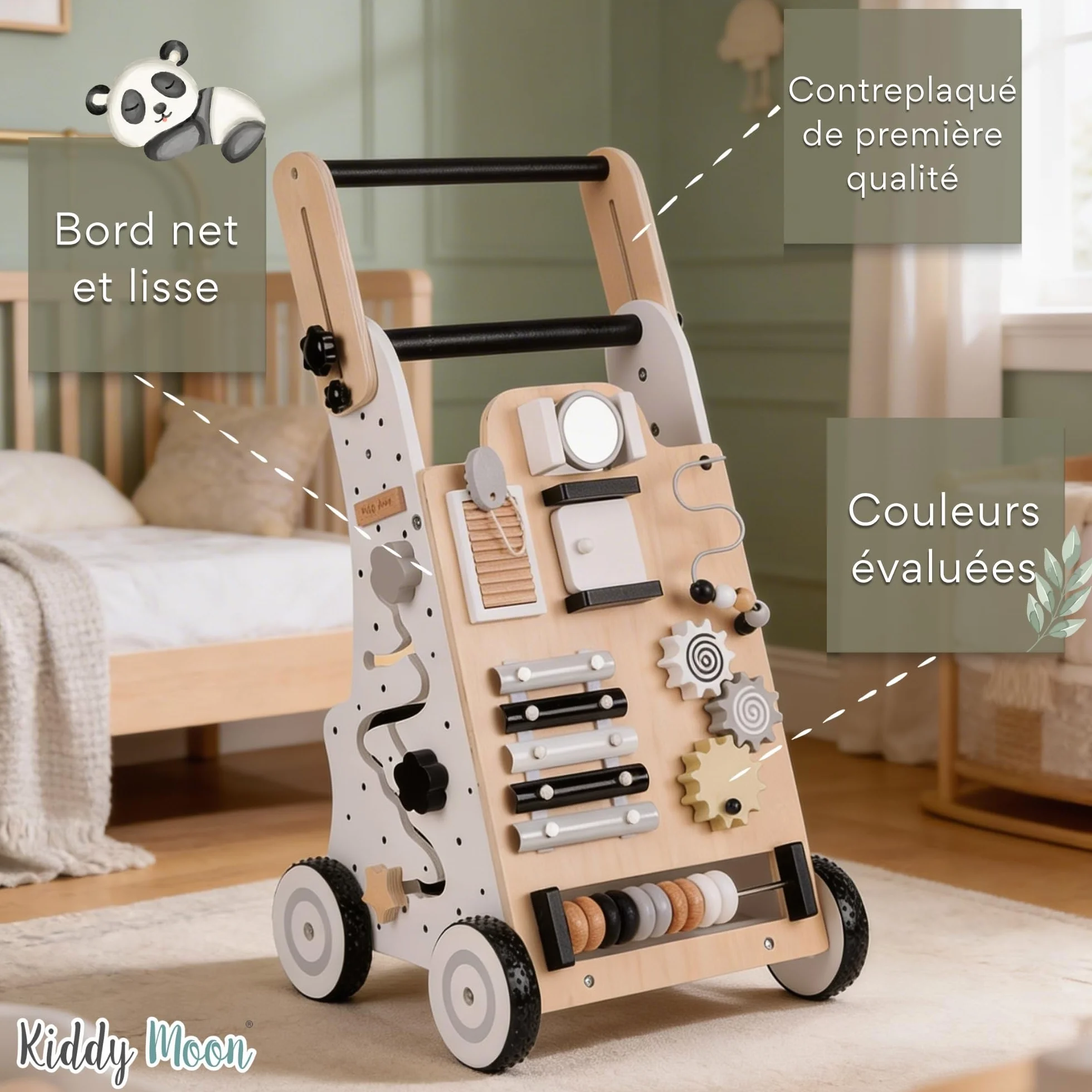 KiddyMoon Trotteur Tableau D'Activité Bois Chariot Marche Bébé Multifonctionnel WK-001 Noir-Blanc